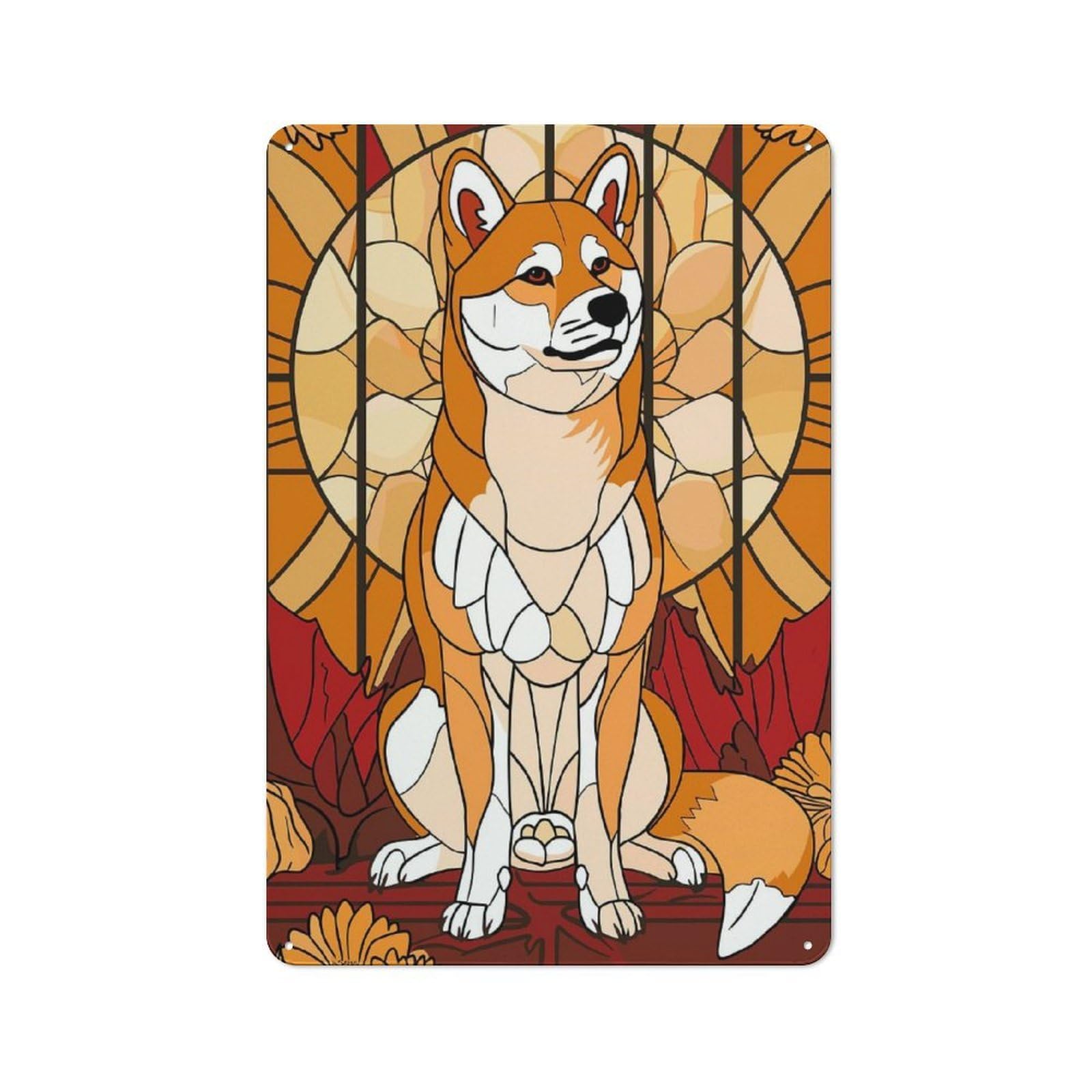 Junmoney Style-6 Metal Sign 30X20cm With Shiba Inu In Stained Glass Style For Hallway Wall, Retro Decor, Gift For Hallway Decor Lovers During The Christmas Season