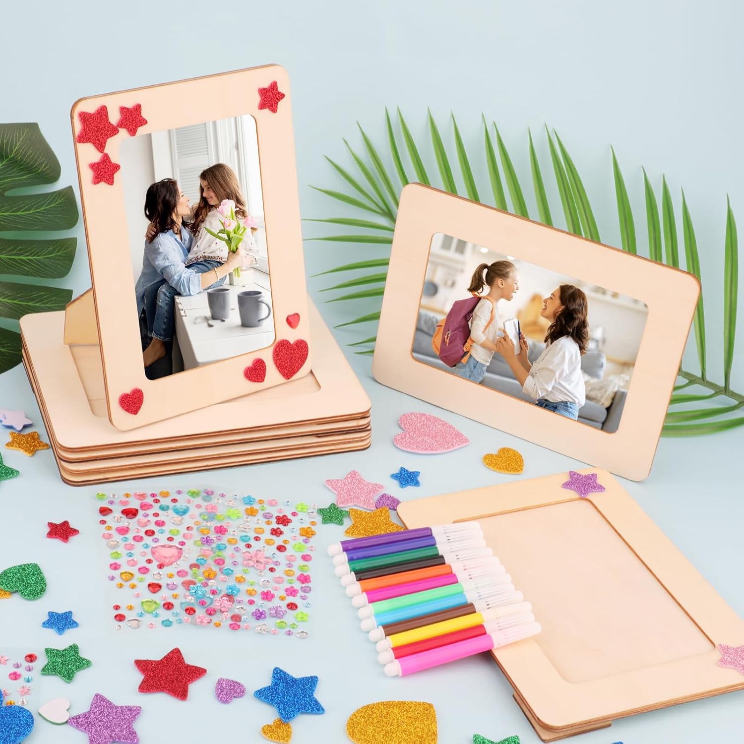 SAYAYA 36 Pack Picture Frame Painting Craft Kit Wooden Picture Frames for 4 x 6 Photo with 8 Sheets Crystal Diamond Stickers 4 Bags Eva Stickers 24 Color Pen for DIY Craft