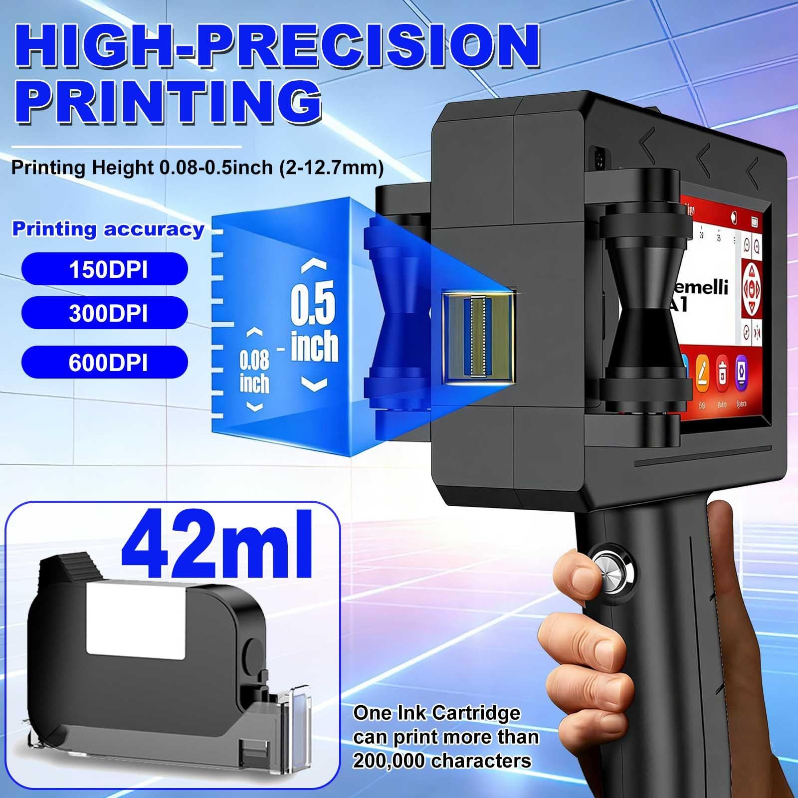 Impresora De Inyección De Tinta Portátil Mejorada | Impresora De Mano Portátil Con Pantalla Táctil De 4,3 Pulgadas, Adecuada Para Cartón/Metal/Plástico/Cerámica/Madera/Textil (Admite 28 Idiomas).