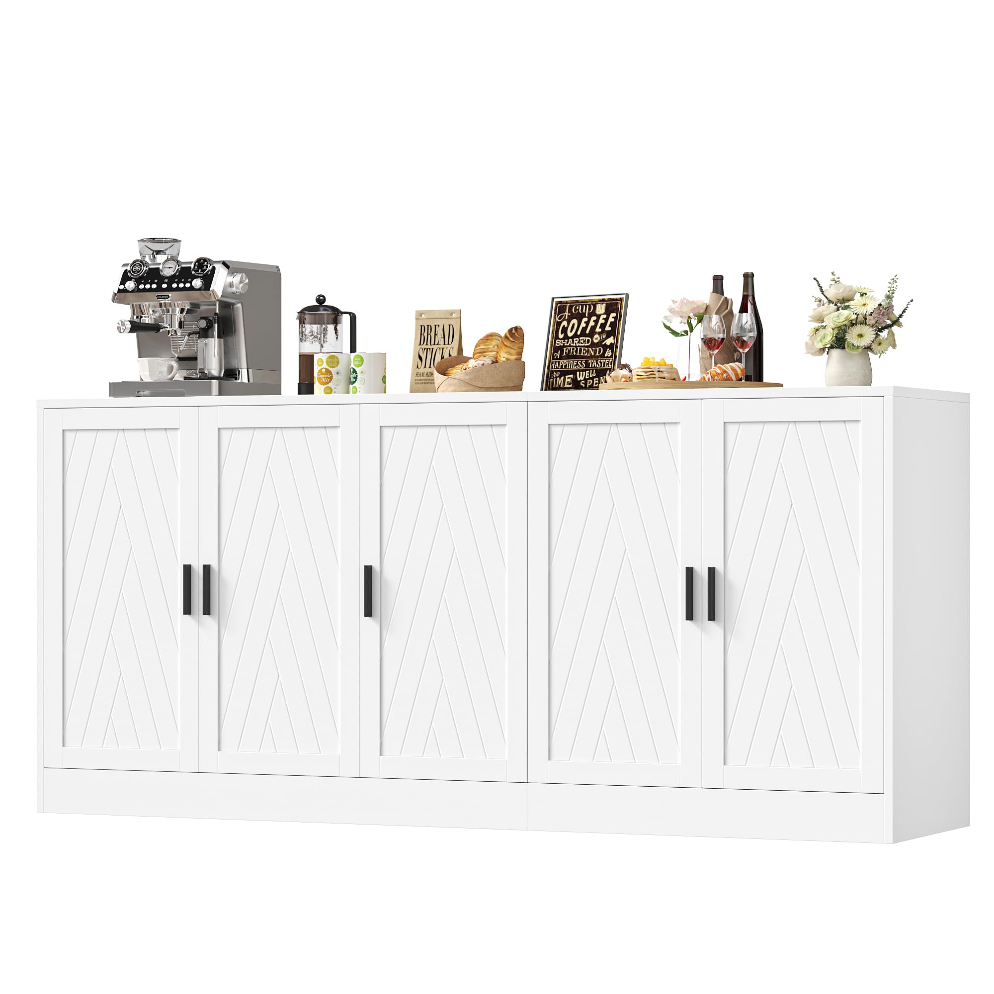BOTLOG 71" White Buffet Cabinet, 5 Chevron Door Modern Farmhouse Coffee Bar | Sideboard with Paint Finish, 5 Hinged Doors and Adustable Shelves. Ideal for a Kitchen Coffee bar or Dining Room