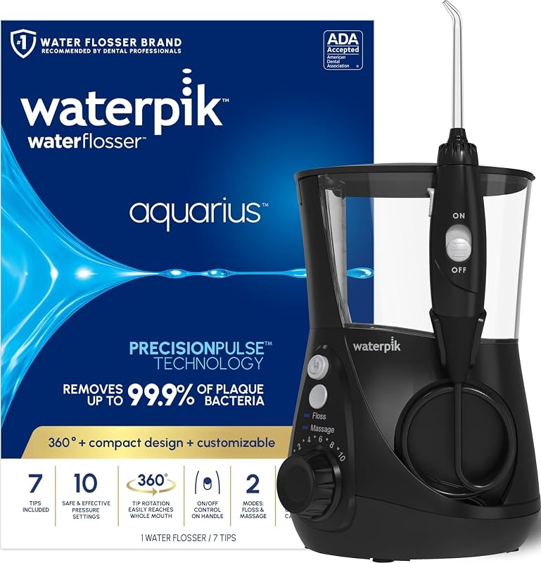 Limpiador dental de agua para encimera Aquarius con 10 configuraciones, 7 puntas, negro | Para la salud diaria de las encías en el hogar, aparatos dentales, implantes, limpieza de dientes, usuarios múltiples, el empaque WP-662 aceptado por ADA puede variar