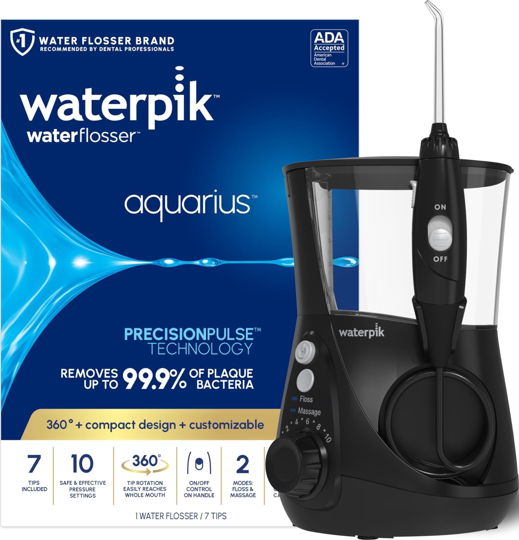 Photo 1 of Waterpik Aquarius Countertop Water Flosser with 10 Settings, 7 Tips, Black