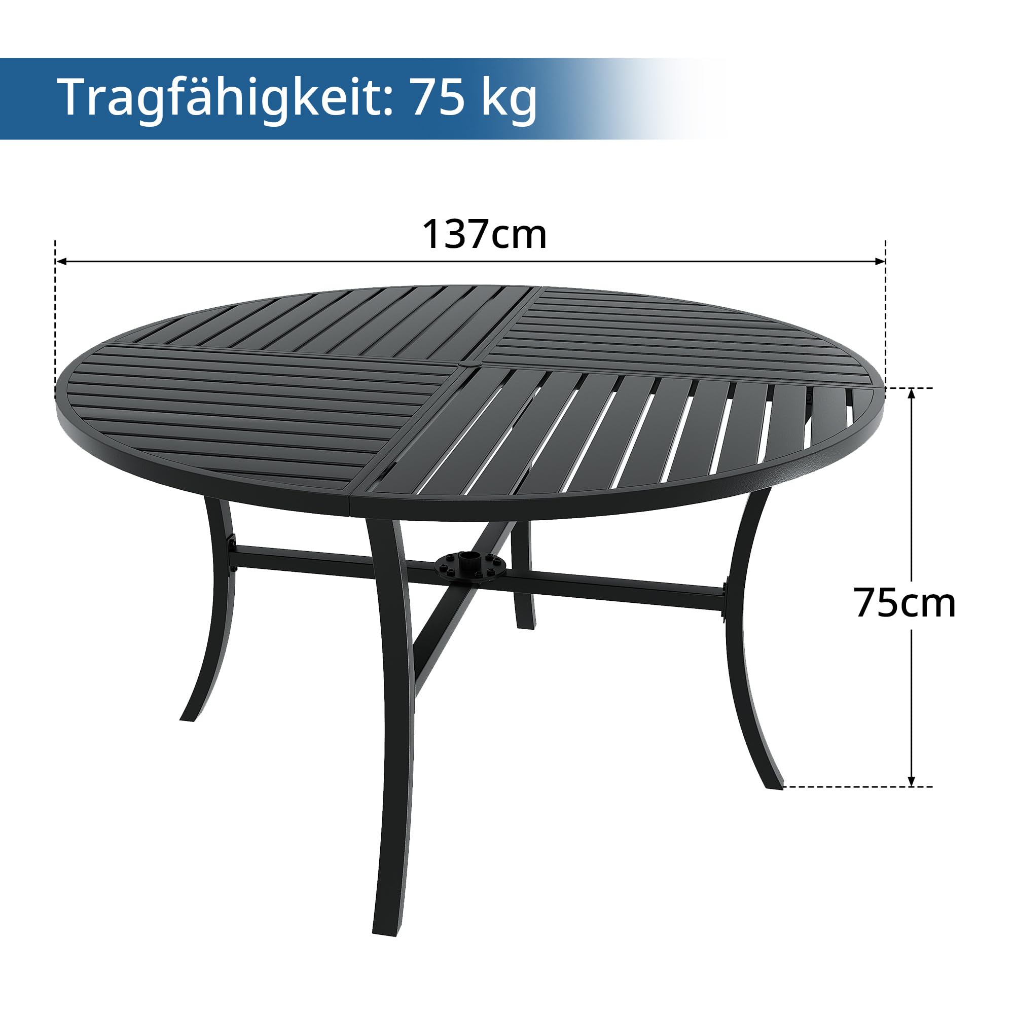 Hawthyhome Gartentisch Runder mit Zylindrischem Schirmloch,Durchmesser 137 cm,Gartentisch Wetterfest Outdoor, Esstisch für 4-6 Personen,Partytisch Balkontisch, Metallrahmen, Schwarz