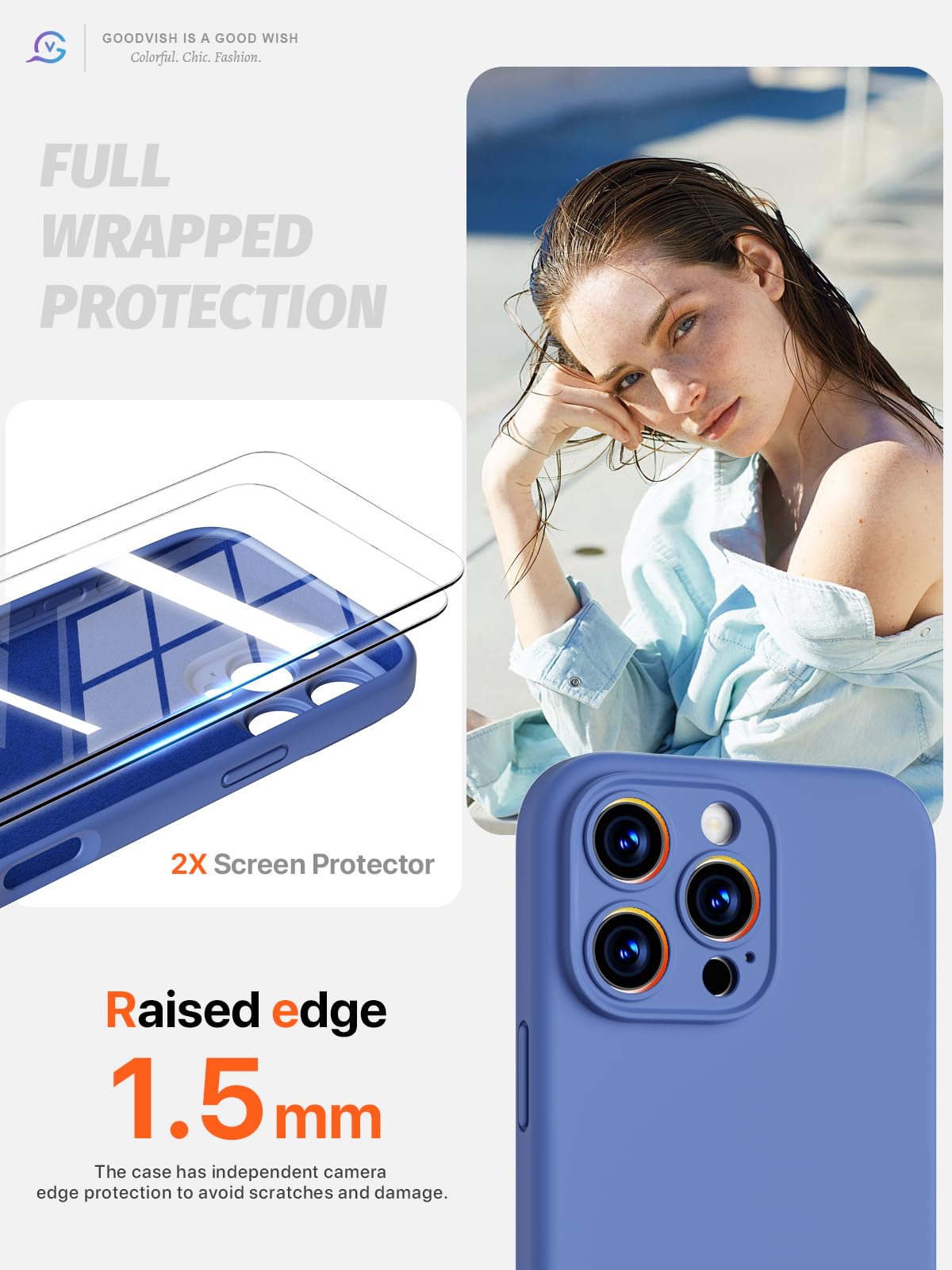 GOODVISH 3 in 1 Silicone Cover per iPhone 16 Pro Max 6.9", Custodia con 2 Pellicola Vetro Temperato [Protezione Fotocamera] 360° Protezione Anticaduta Case per Cellulare Antiurto Resistente, Blu