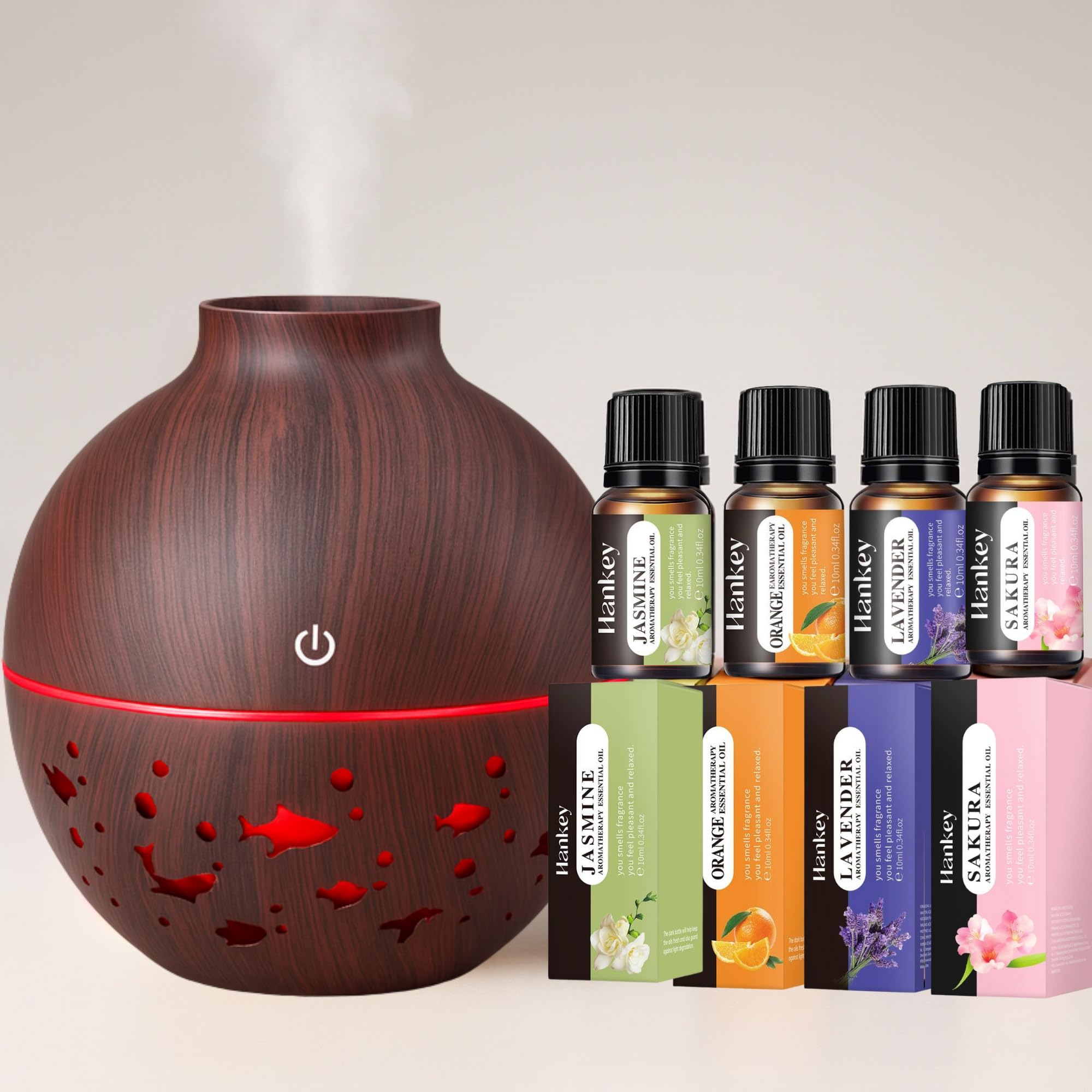 Nest & Nibble Dark Wood Essential Oil Diffuser 130Ml + 4×15Ml Oils (Lavender, Sakura, Jasmine & Orange) Ultrasonic Cool Mist Aromatherapy Diffuser & Humidifier 7 Led Lights (Dark Wood)