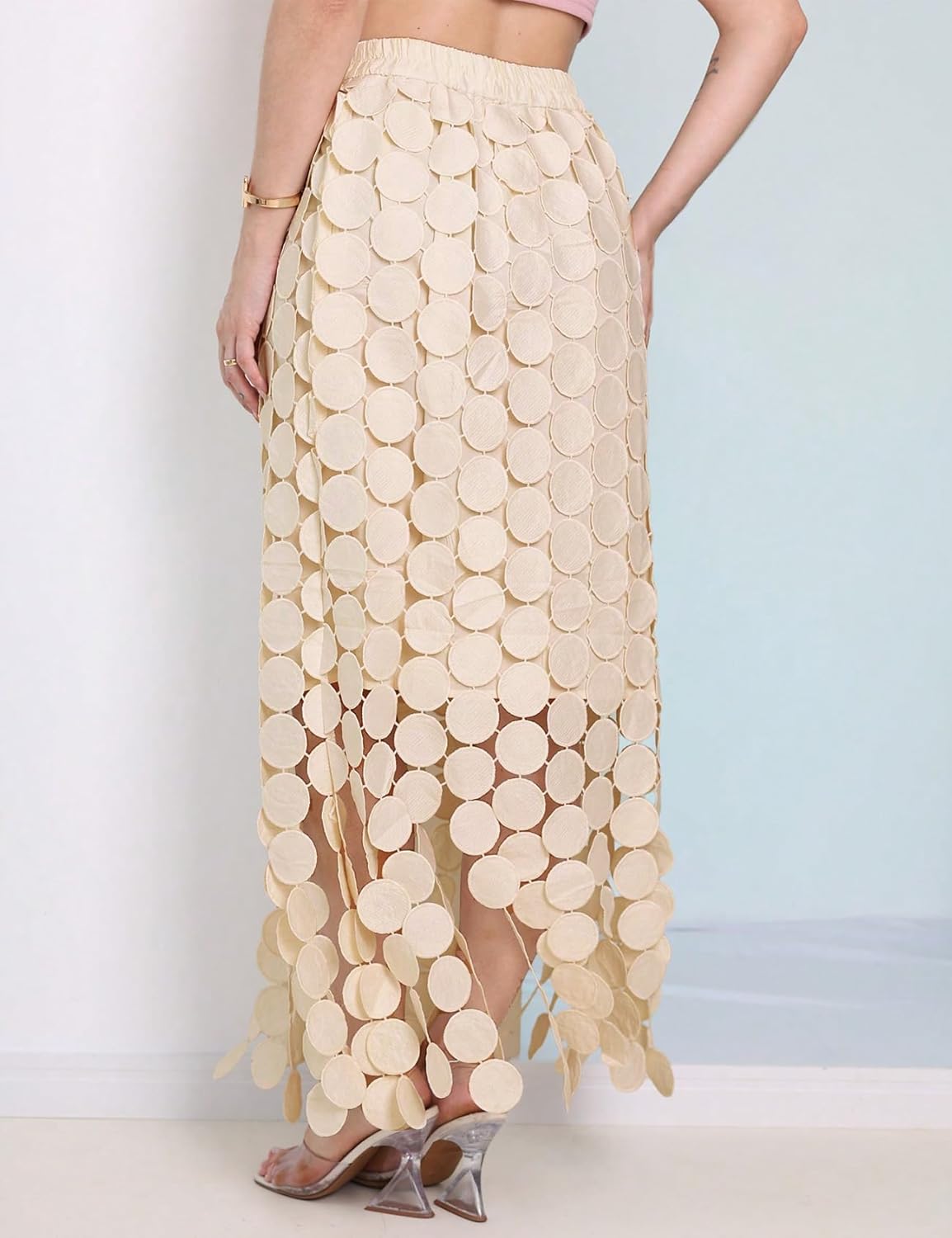 Flygo Womens Maxi Skirt 2025 Summer Boho Hollow Out Fringe Hem High Waisted Lace Long Skirts for Party Wedding Beach - Image 2