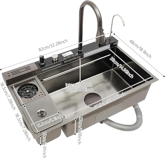 Kitchen Sink Stainless Steel Sink with Cup Washing Machine and Double Waterfall Edge Stainless Steel Sink Work Station Kitchen Sink Stainless Steel Sink with Tap 82 x 48 cm for Household