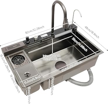 Kitchen Sink Stainless Steel Sink with Cup Washing Machine and Double Waterfall Edge Stainless Steel Sink Work Station Kitchen Sink Stainless Steel Sink with Tap 82 x 48 cm for Household