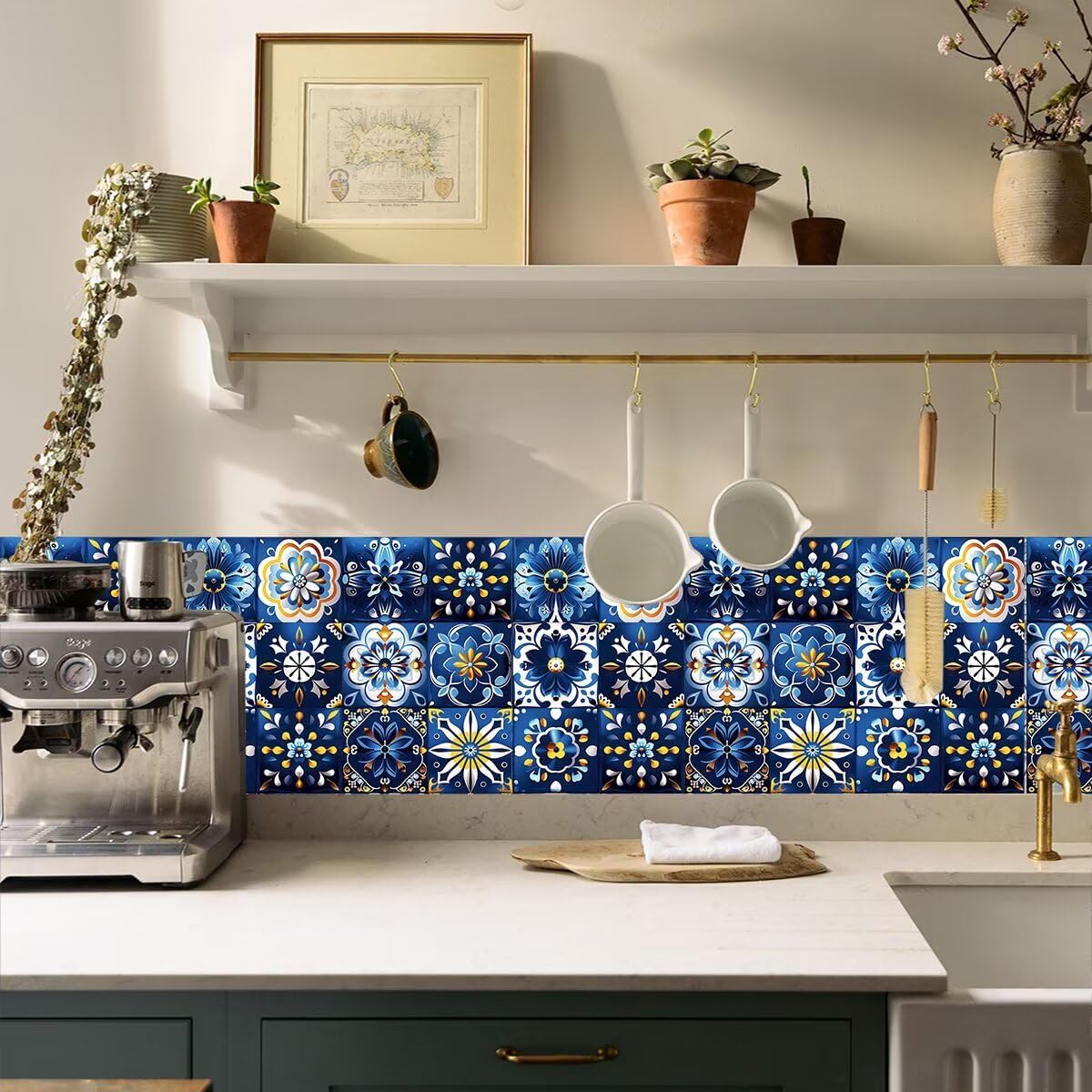 Self-Adhesive Modern Bohemian Wall Decals 16 PCS (6x6 Inch), DIY Peel and Stick Waterproof Vinyl Tile Stickers for Kitchen & Bathroom, Removable Backsplash Murals in Mediterranean Design