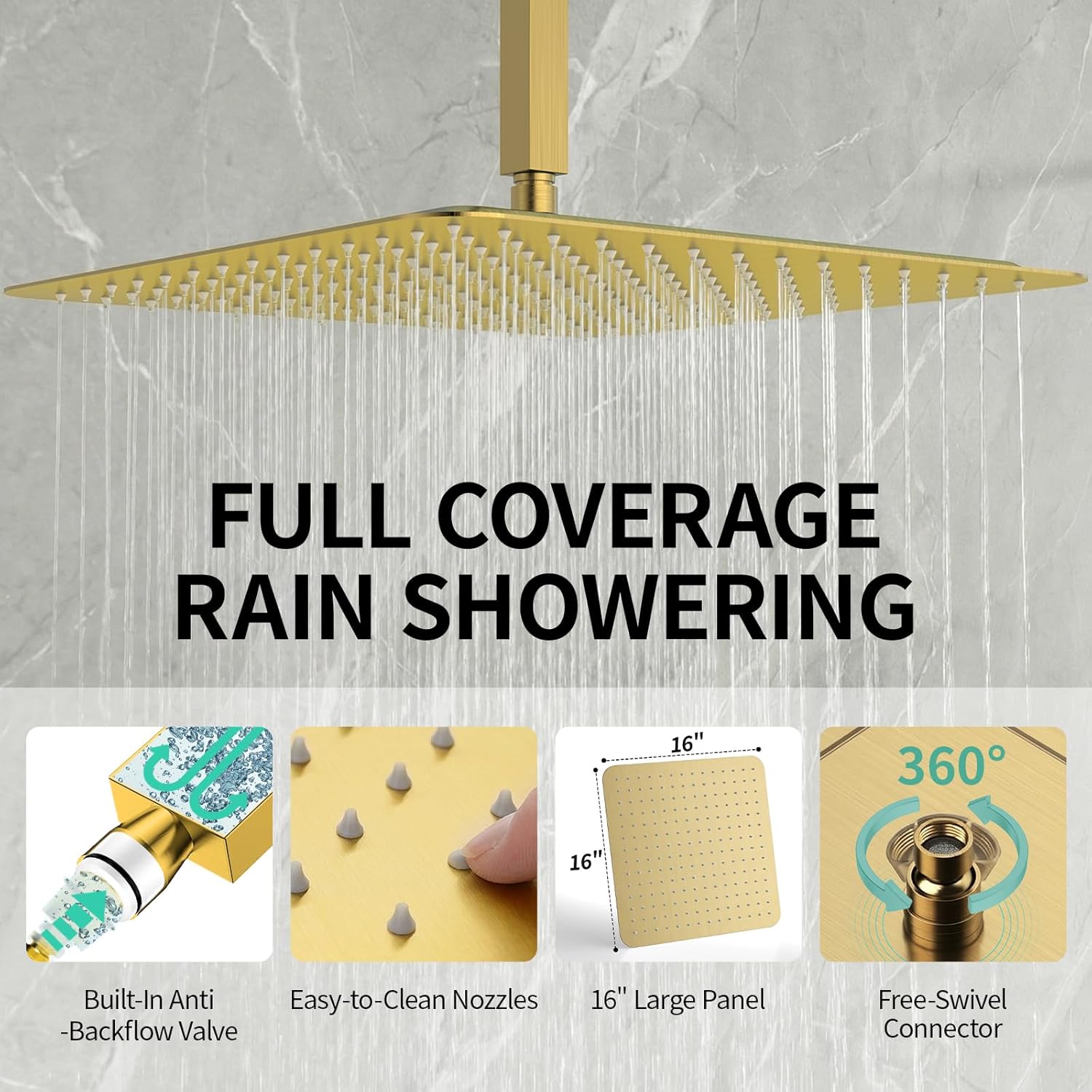 SR SUN RISE 16 Inch Ceiling Mounted Shower System Rain Mixer Shower Combo Set Rainfall Shower Head System Brushed Gold Shower Faucet Rough-in Valve Body and Trim Included