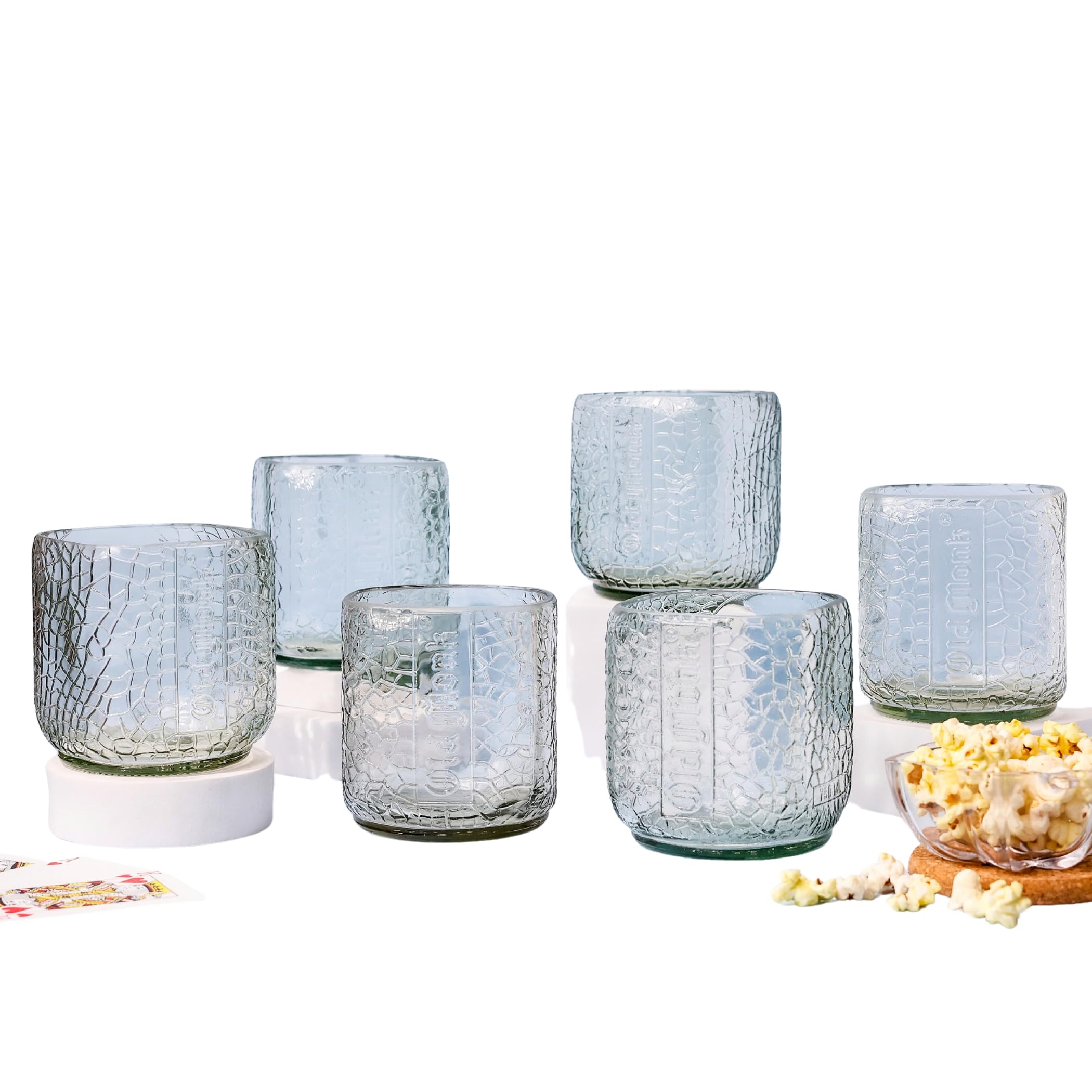 Upcycled Old Monk Small Glasses 300ml (Set of 6) Drinking Juice, Bourbon, Whisky, Cocktails, Mocktail Transparent Up-cycled Eco-Friendly Glasses Perfect for Home, Restaurants and Parties