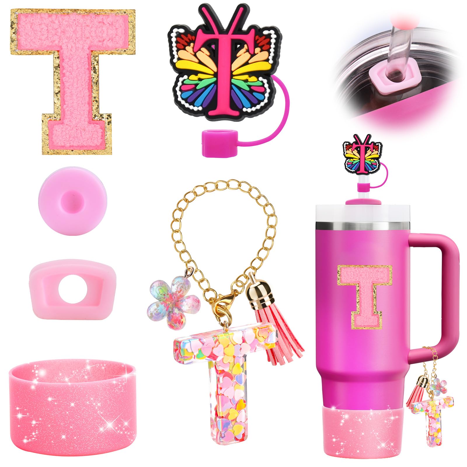 Mity rain 6PCS Cup Accessories for Stanley Cup 30oz 40oz - Tumbler Initials Decoration for Stanley, Including Silicone Straw Cover Cap and Boot, Spill Proof Stopper, Handle Charm, Sticker,Letter T