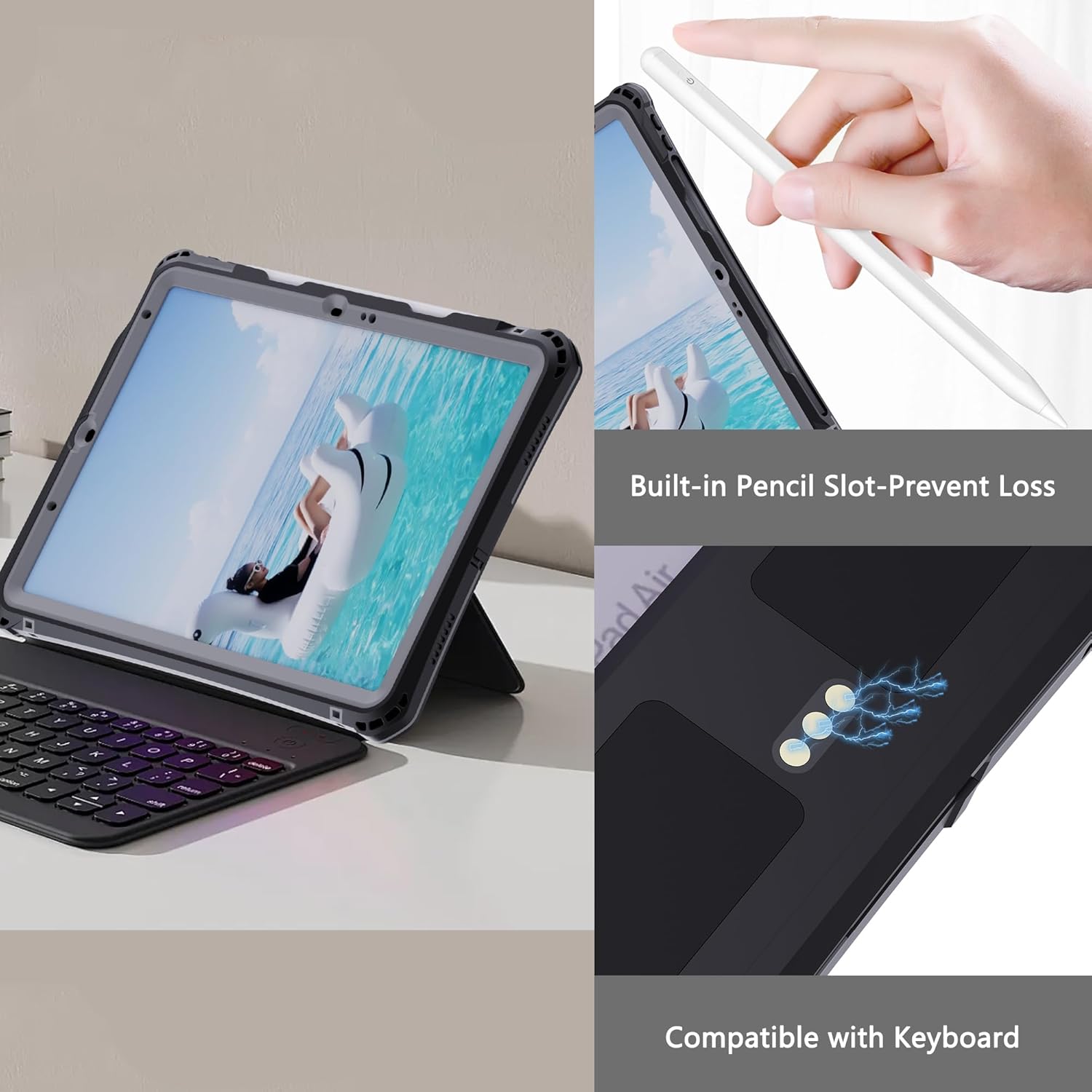 MRUOZRUI Waterproof Tablet Case for iPad Air 11inch 6th M2 2024/ 7th M3 2025, 8th M4 2026 5/4 10.9inch, Built-in Screen Protector Pencil Holder, Fit with Magic Keyboard, Strap Kickstand, Black & Grey