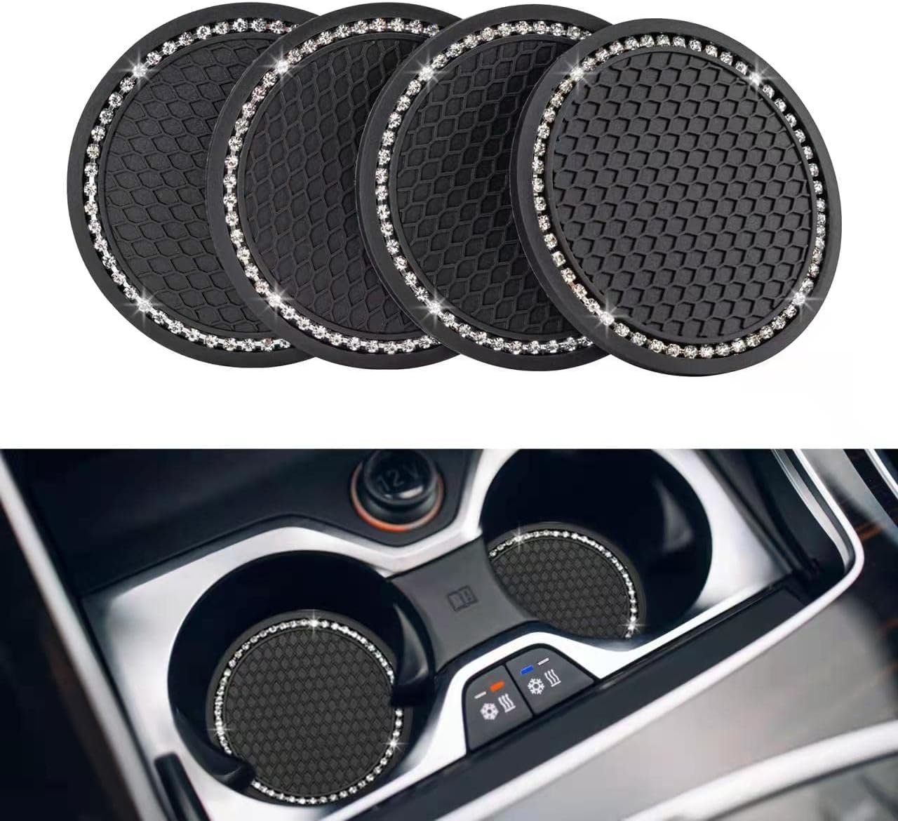 4 Pcs Car Cup Holder Coaster, 2.75 Inch Universal Bling Diamond Car Accessories, Antiskid and Easy to Clean Coaster for Car and Family.