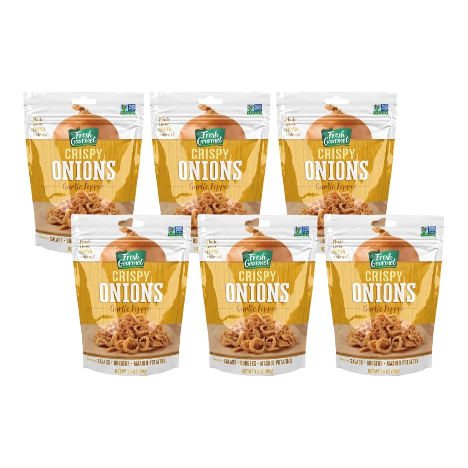 Fresh Gourmet Garlic Pepper Crispy Onions | Low Carb | Crunchy Snack and Salad Topper 3.5 Ounce (Pack of 6)