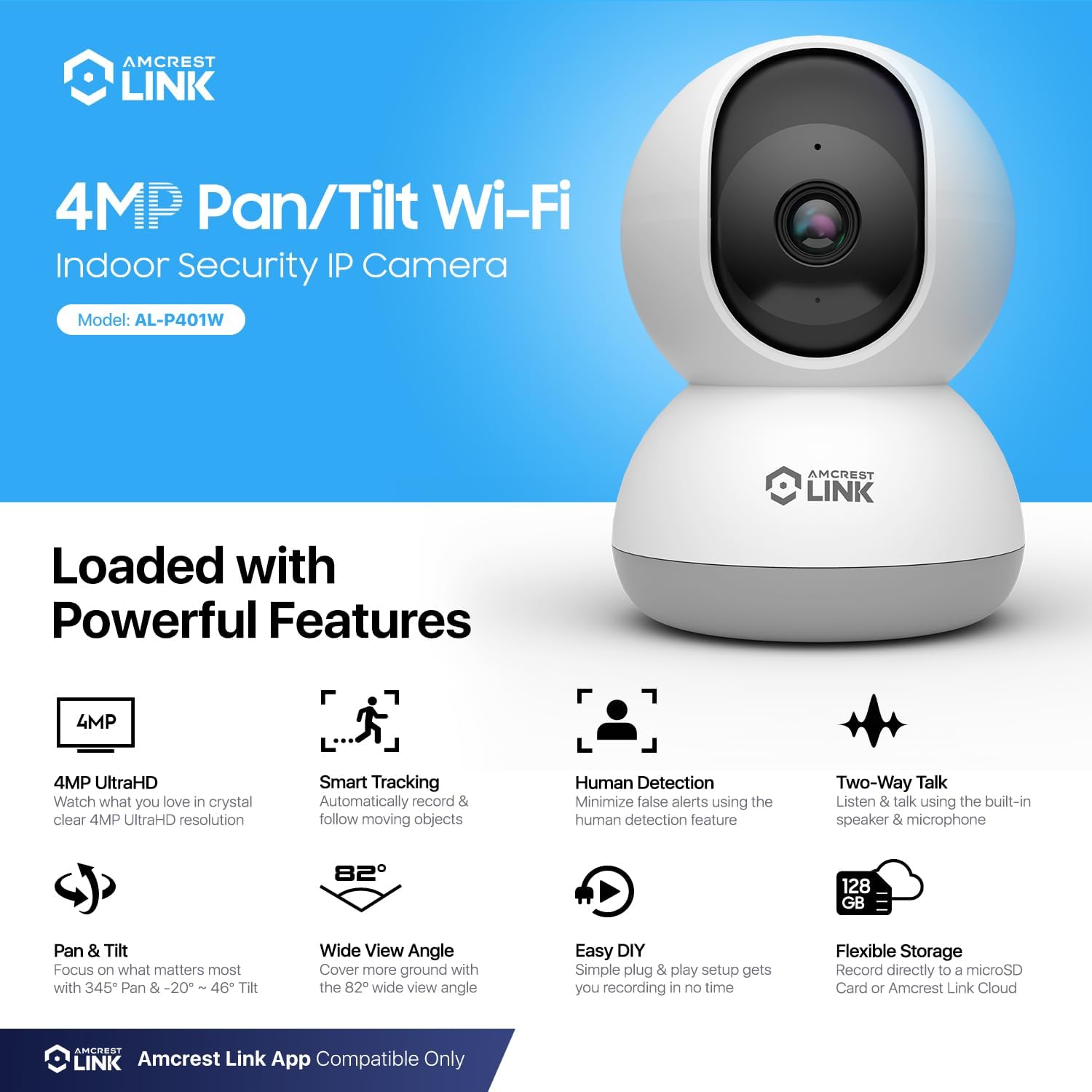 Amcrest Link 4MP WiFi Camera Indoor, Human Detection, Motion-Tracking, w/ 2-Way Audio, Pan/Tilt Wireless IP Camera (Wired Power), 30ft Night Vision, Built in Siren, AL-P401W
