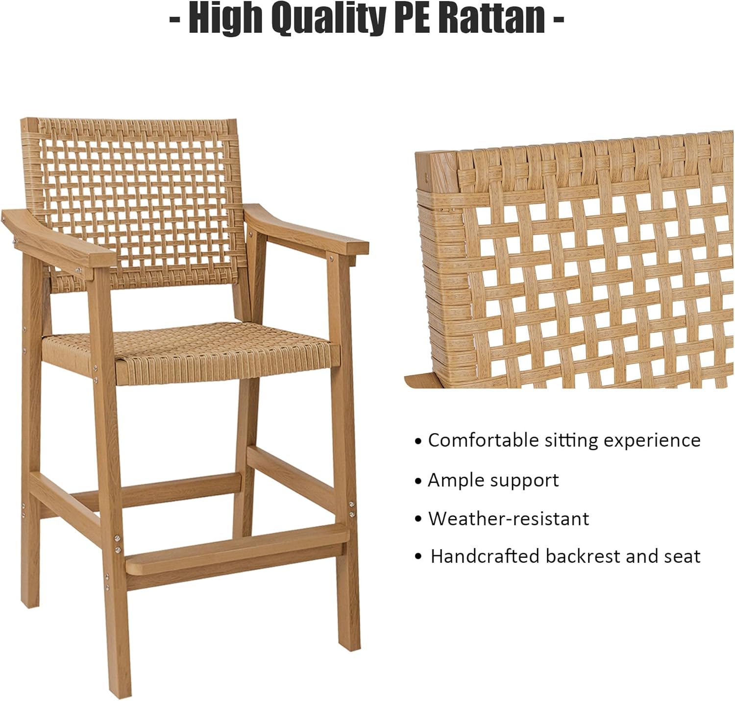 Poly Lumber Outdoor Bar Stools, Durable HIPS Material with PE Rattan Back and Seat, Weather Resistant, for Patio, Poolside, Garden, Yard, Balcony (Teak Tone, 2 Piece)