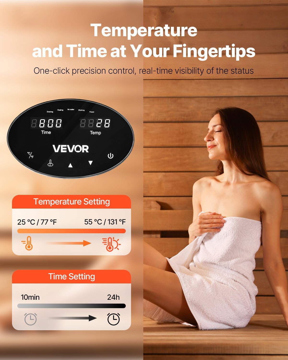VEVOR digital controller displaying time and temperature settings, with buttons for power, temperature adjustment, and time adjustment.