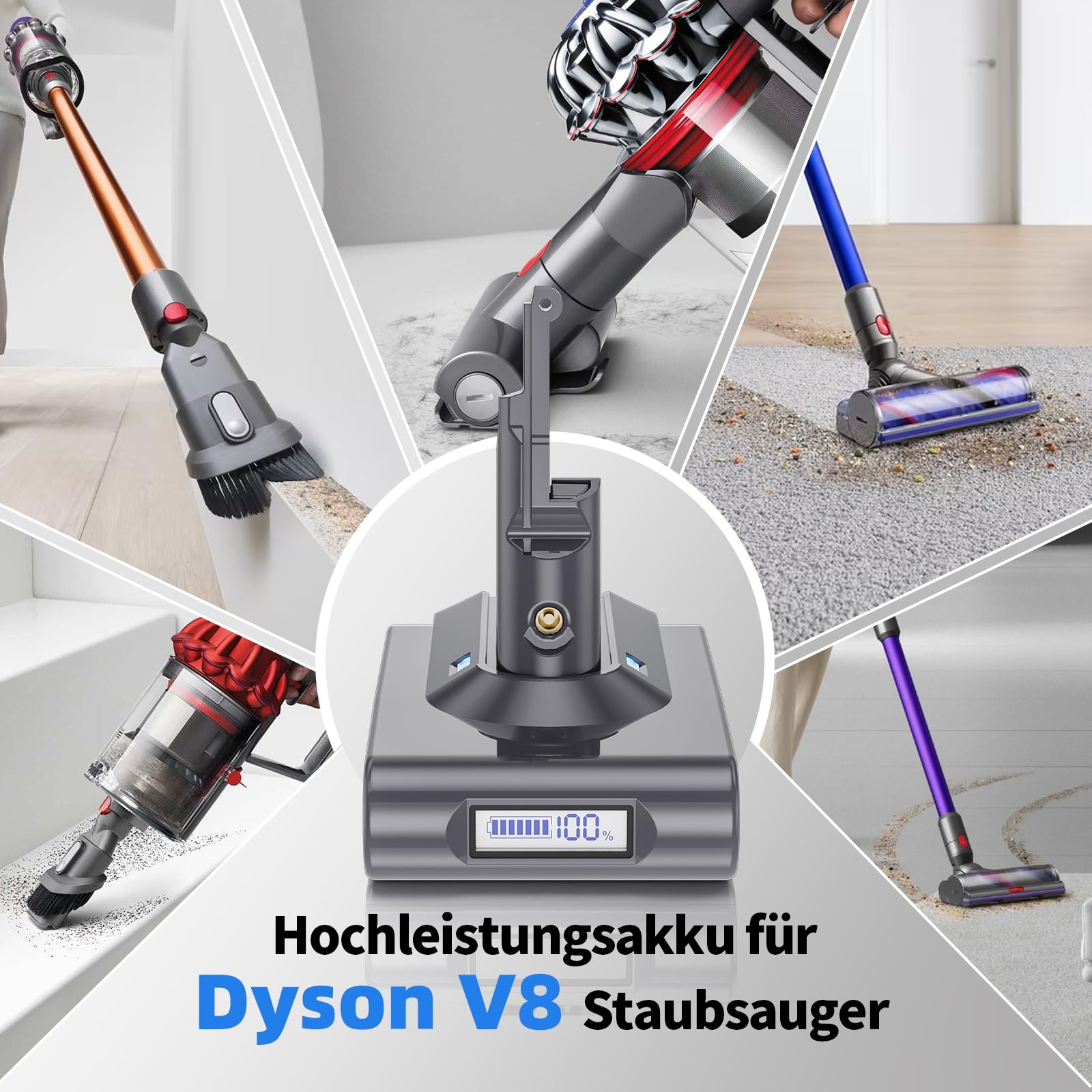 6000mAh für Dyson V8 Akku, Ersatzakku für Dyson V8 SV10 Staubsauger, Kompatibel mit Animal Absolute Motorhead Fluffy Staubsaugern (mit Zubehör)