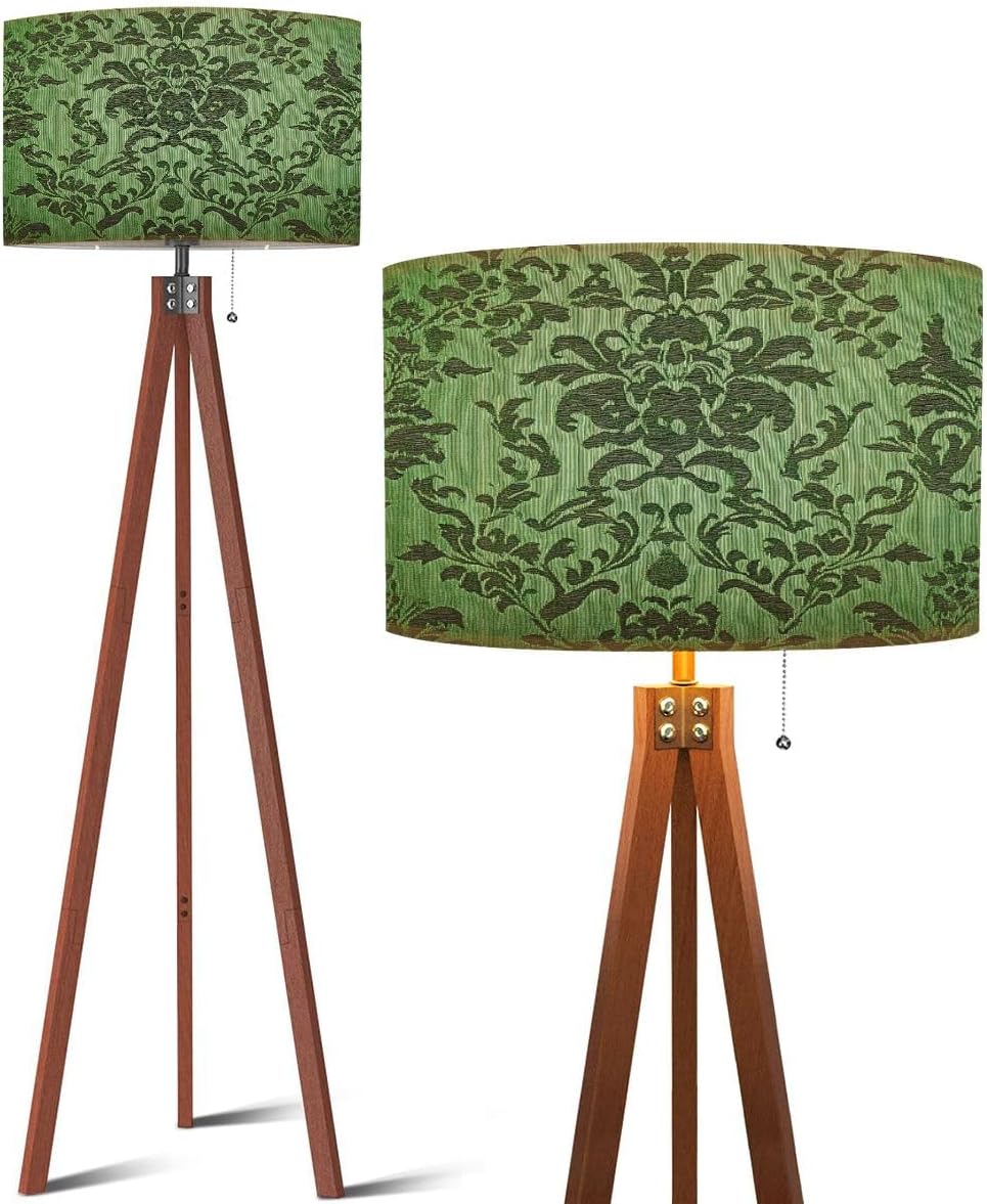 Wood Tripod Floor Lamp Open Antique Book Wooden Table Glitter Overlay Modern Standing Lamp Linen Lampshade Dimmable Tall Lamp Mid Century Floor Lamp for Living Room Bedroom