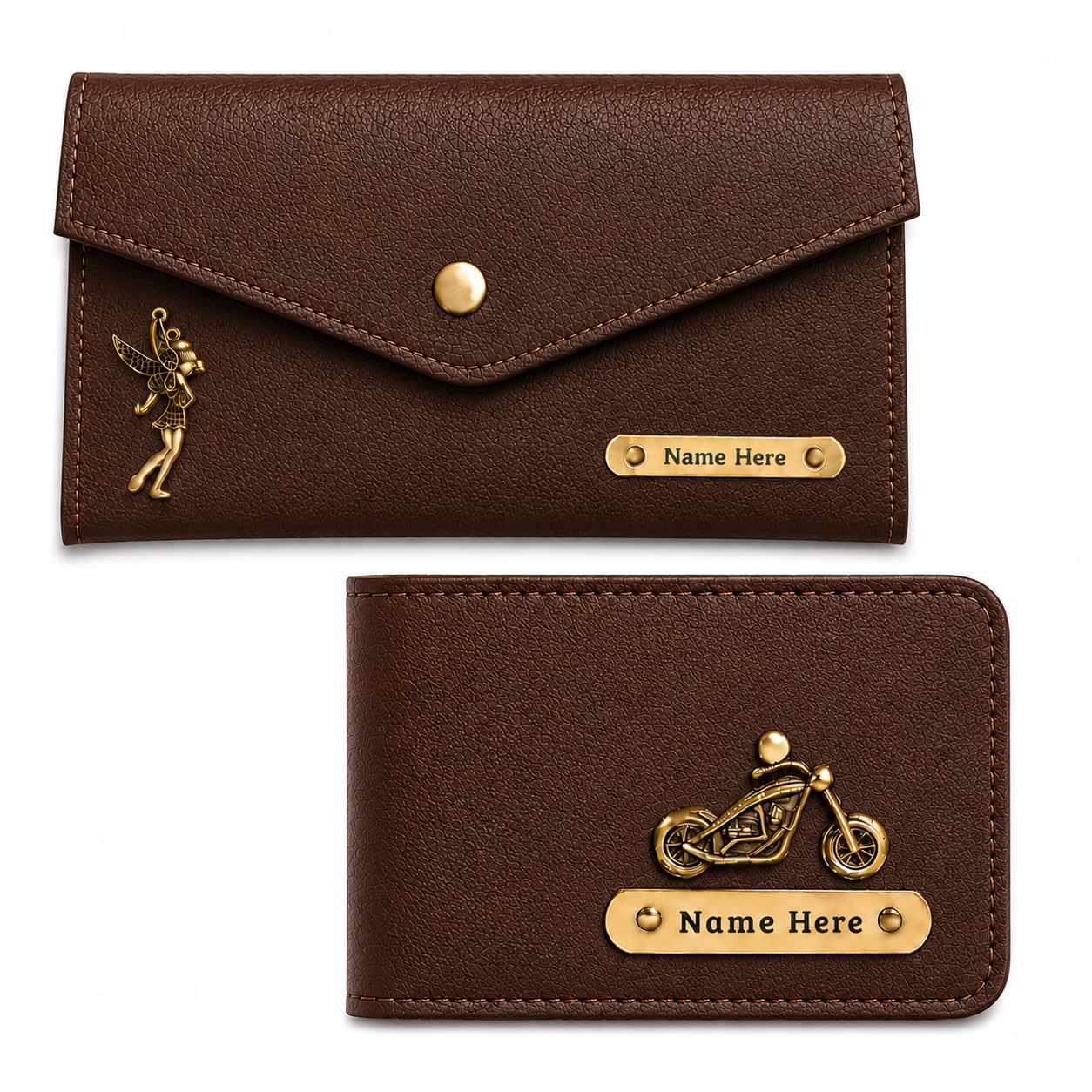 SCPmarts Personalized Couple Gift Set for Men & Women | Premium Customized Wallet & Accessories Combo | Name Engraved Wedding Gift for Husband Wife Couples (Brown)-image-2