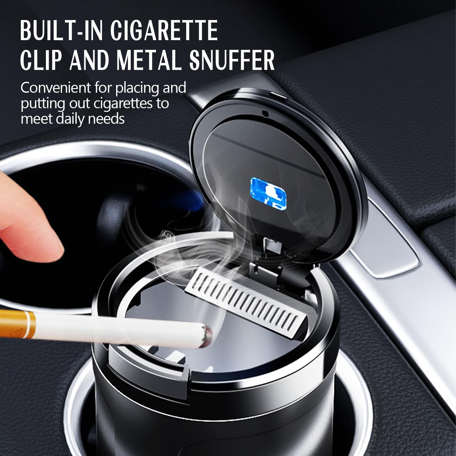 Car Ashtray With Lid Smell Proof, Automotive One-Touch Button Open Cup Holder Ashtrays For Car, Smokeless Ash Tray With Cigarette Slot And Metal Snuffer (Black)