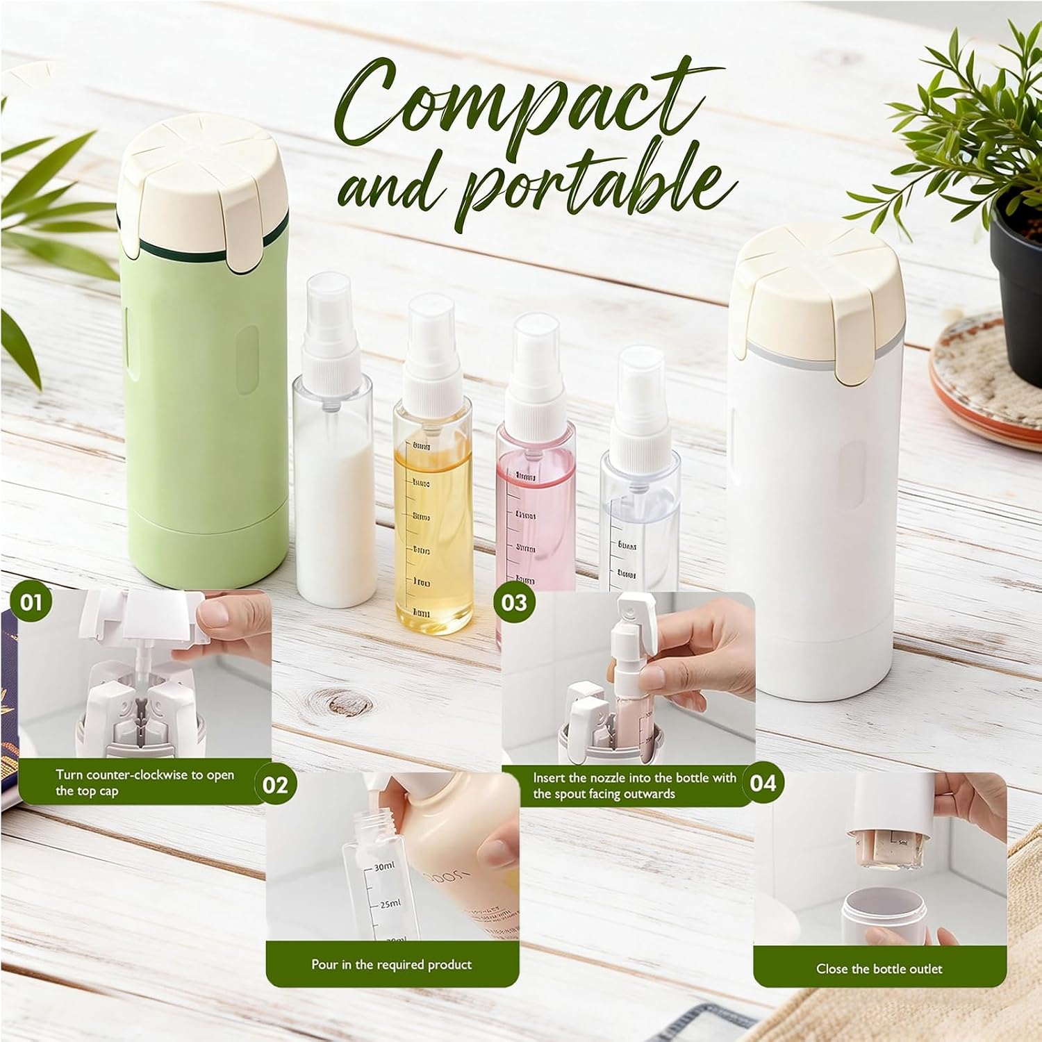 4 in 1 Travel Dispenser Bottles, Leak Proof Travel Bottles for Toiletries, 4 Pack 30ML Refillable Travel Size Containers for Shampoo, Onditioner, Travels Essentials (White)