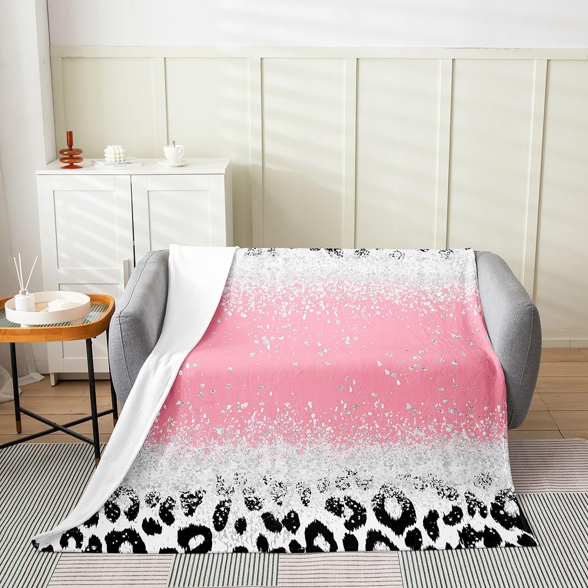 jejeloiu Glitter Leopard Print Flannel Fleece Throw Blanket Queen 90"x90" Ombre Pink (Not Glitter) Fuzzy Blanket for Kids Shiny Glitter Print Plush Blanket Bling Shiny All Season Bed Blanket Soft