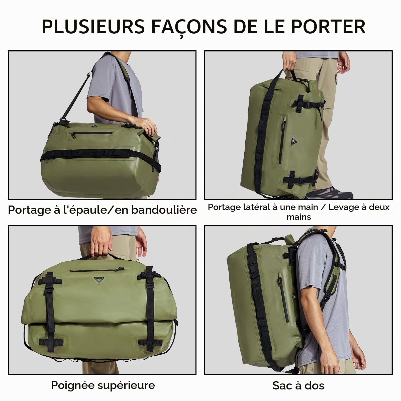 Haimont Sac à dos étanche de 60L avec fermeture à rouleau - Sac de voyage robuste pour canoë, bateau, voyage, moto, kayak, camping, vert militaire, 60L