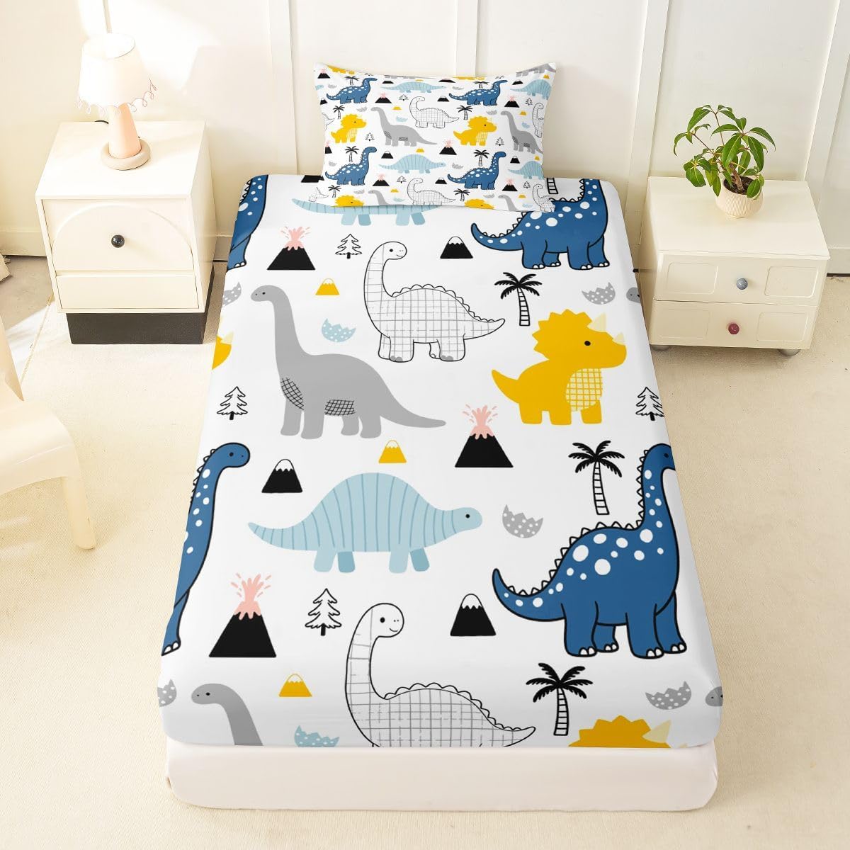 Feelyou Dinosaur Bed Sheet Set for Kids Boys Girls Cartoon Dinosaur Print Bedding Set Lovely Animal Pattern Fitted Sheet Luxury Bed Cover,Room Decor 2Pcs Sheets Twin Size