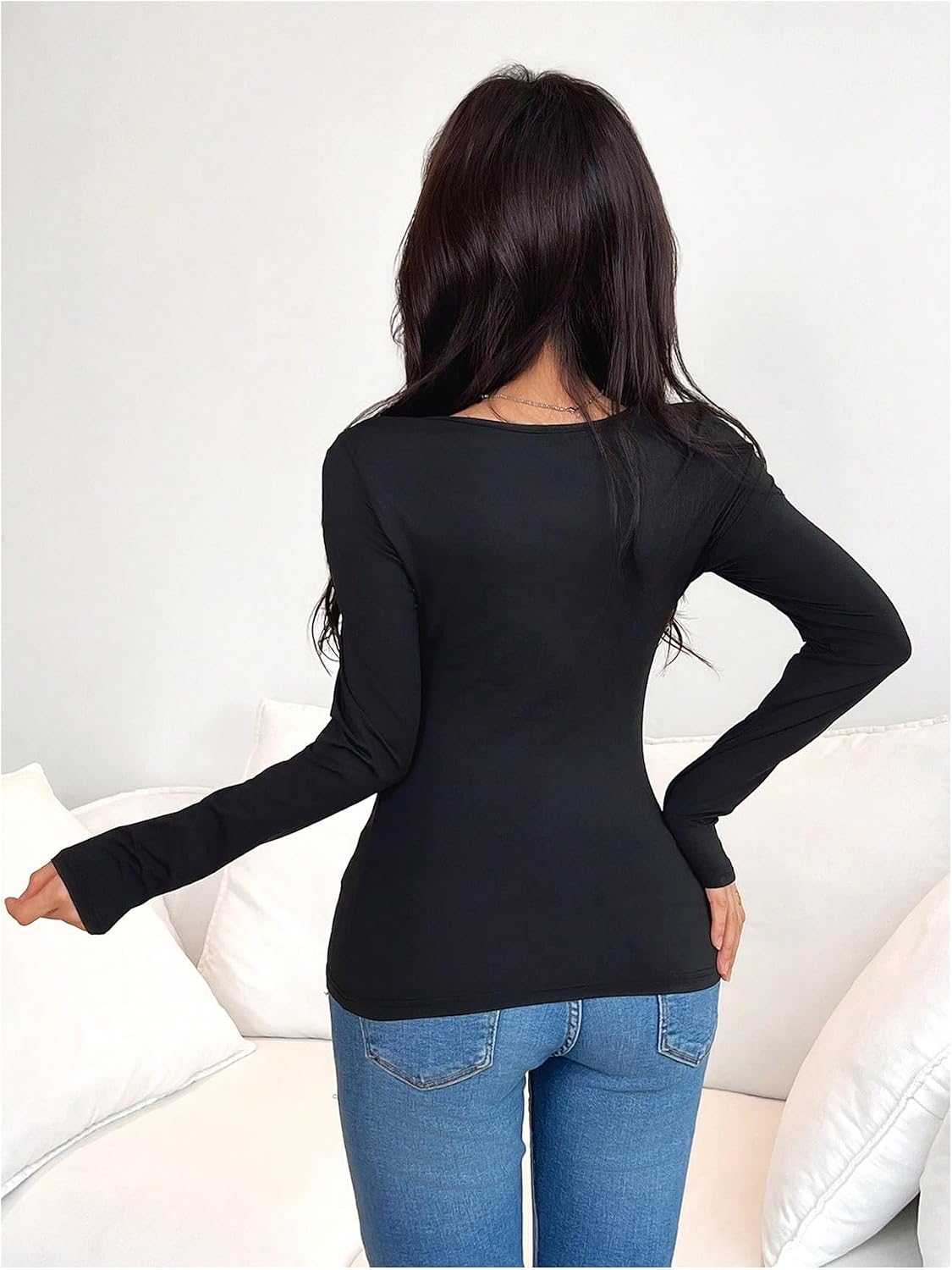 GORGLITTER Women's Bow Shirts Cute Long Sleeve Fitted Tops Bowknot Square Neck Spring Trendy T Shirts 2026