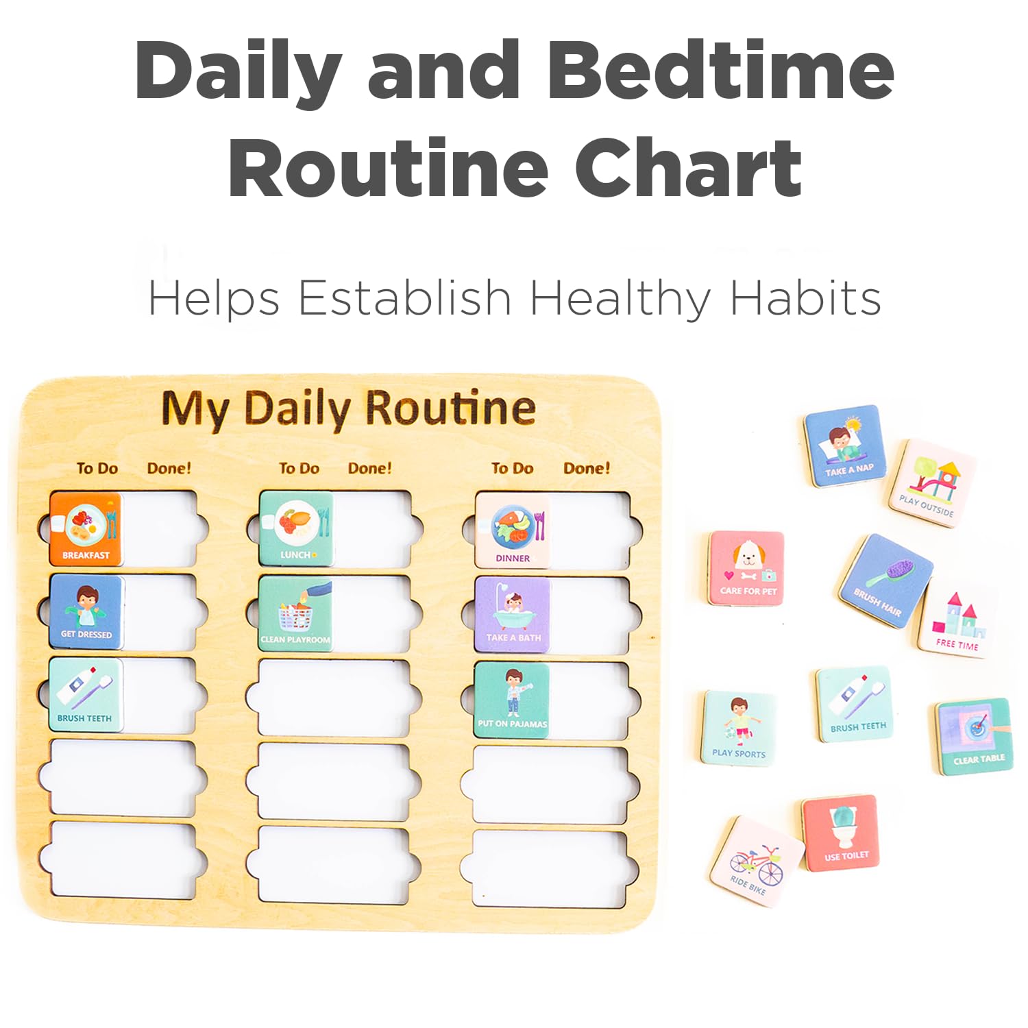 Wooden Toddler Routine Chart Ages 3-6 – Daily & Bedtime Routine Chart for Toddlers, Visual Schedule Board for Kids, Montessori-Inspired Visual Schedule for Kids Daily Routine