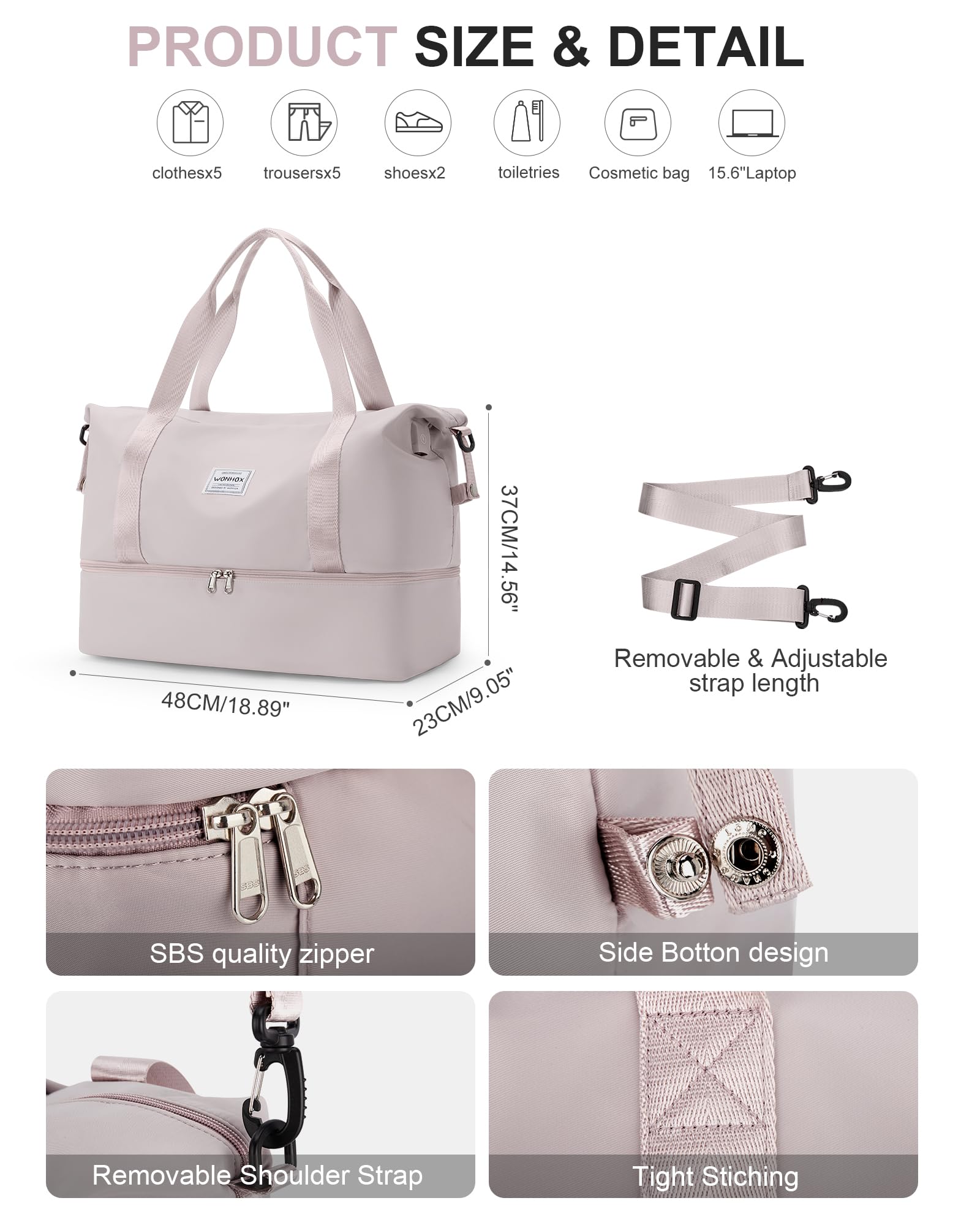 Borsone da Viaggio Donna, Bagaglio a Mano Borsa da Viaggio con Scomparto per le Scarpe, Borsa Sportiva Borsone da Palestra Grande, Borsa da Weekend, Borsa per Ospedale,I7-Rosa viola