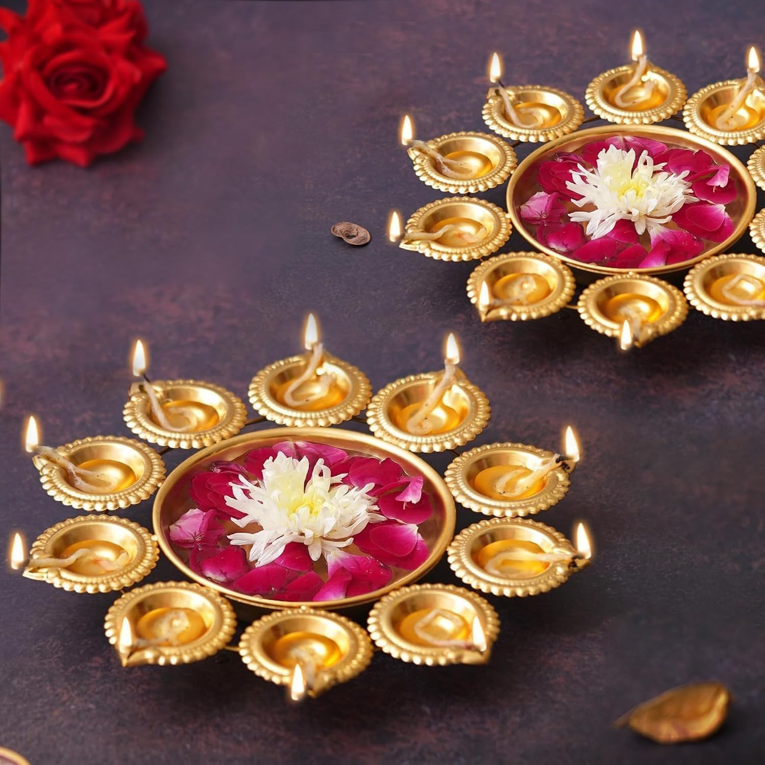 Diya - Ciotola decorativa Urli in metallo per la decorazione della casa, realizzata a mano per fiori galleggianti e candele per casa, ufficio, decorazione da tavolo, oggetti decorativi Diwali, 35,5 cm