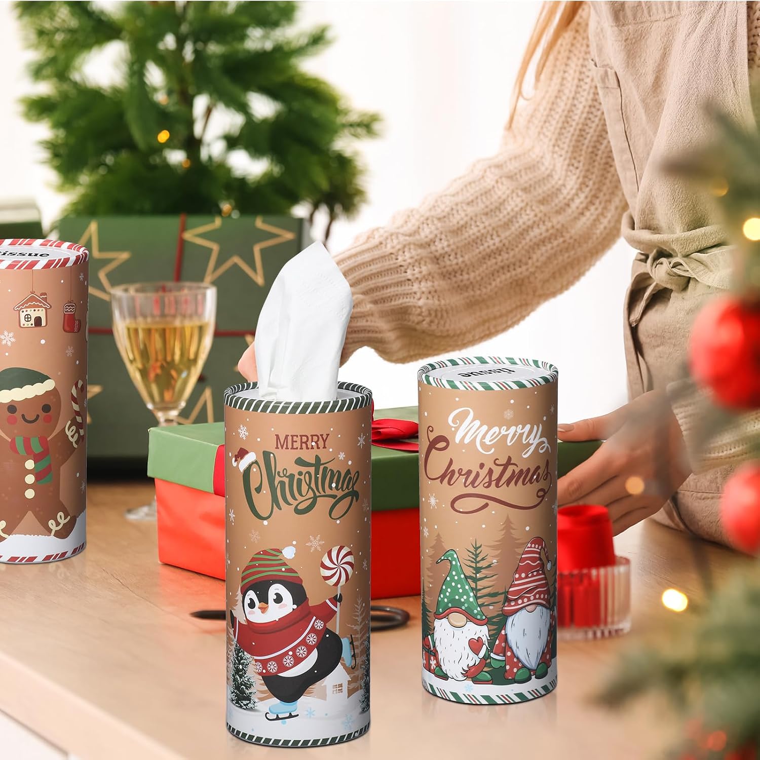 Hushee 10 Pcs Christmas Car Tissues Cylinder Holder Boxes with 500 Facial Tissues Santa Tissue Box for Car Round Tissue Tubes for Cupholder Home Office Travel, 10 Styles(Elk)