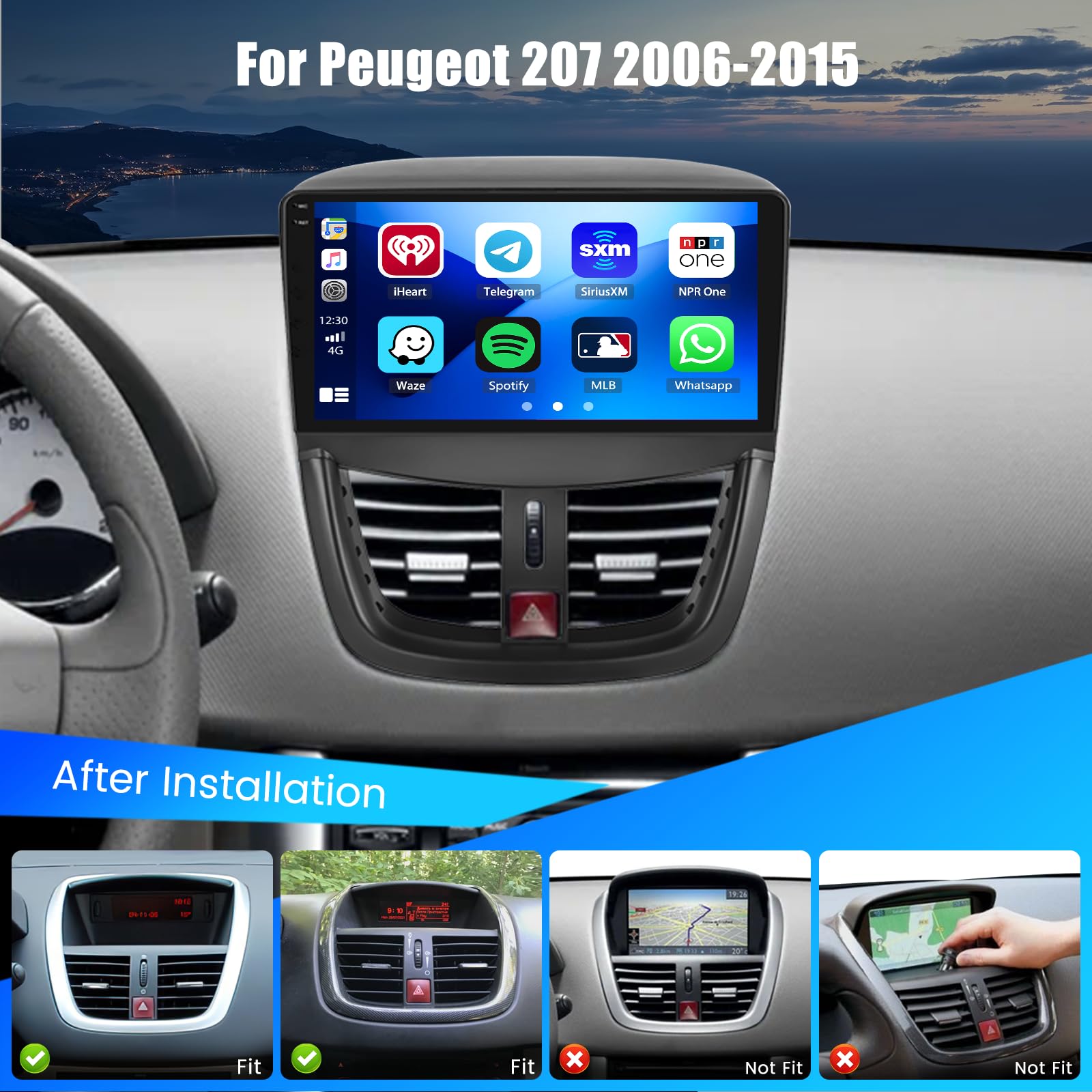 Hikity Radio samochodowe 4+64G Android 15 do Peugeot 207 2006-2015, 9-calowy ekran radiowy z bezprzewodową funkcją CarPlay, Android, Bluetooth, nawigacją GPS, WiFi, EQ USB, i kamerą cofania