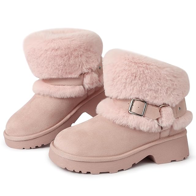 Goldnut Furry Winter Pink Boots for Women Block Heels Platform Buckle Slip On