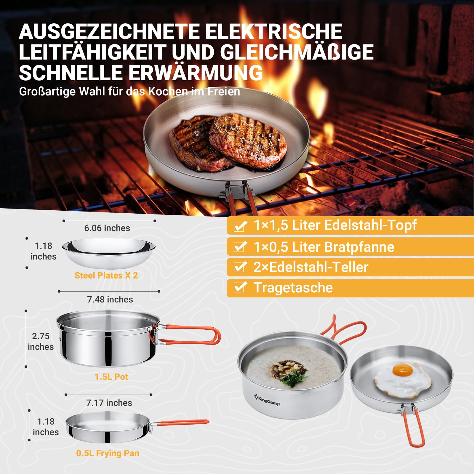 KingCamp Camping Geschirr Set, Camping Kochgeschirr aus Edelstahl, Camping Töpfe mit Faltbare Besteck, Ultraleicht Camping Topf Pfanne Set für Campingkocher