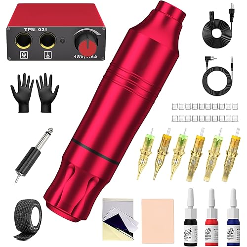 Tattoo Gun Kit for Beginners, Rotary Pen with Power Supply, Professional Ink Kit, Foot Pedal & Pigment, Light Tattoo Gun 10pcs Cartridge Needles,Complete Starter Set (CTG003-Red)