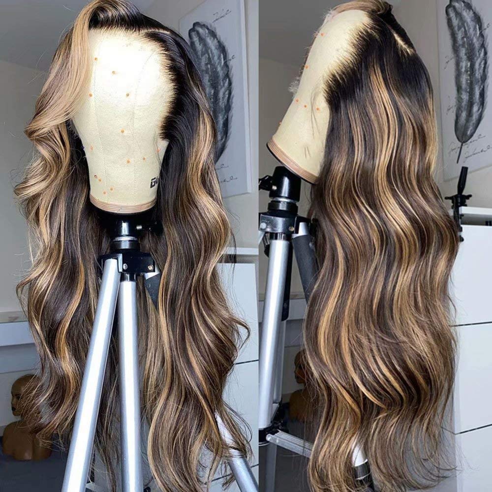 Ombre Honey Blonde Highlight Color Body Wave 13X6 HD Transparent Lace Wig Human Hair Wigs for Black Women with Baby Hair 150 Density Brazilian Glueless Wig Remy Hair 24 Inch