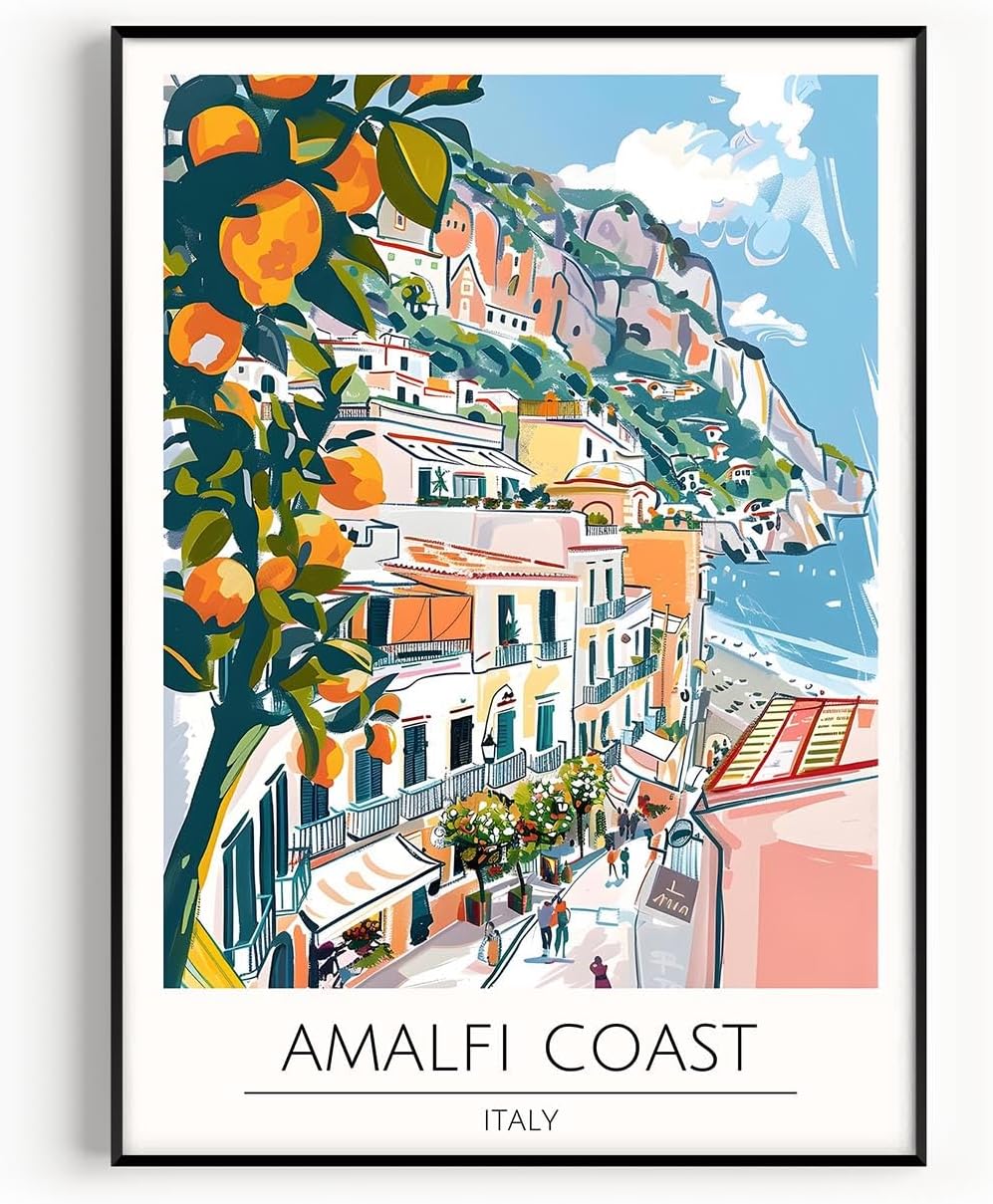 Amalfi Coast Travel Poster, Premium Giclee Fine Art Prints - Modern Watercolor Aesthetic Wall Art Decoration, Eclectic Trendy Boho Poster Collage Aesthetic Print for Home Decor, Ready to Frame
