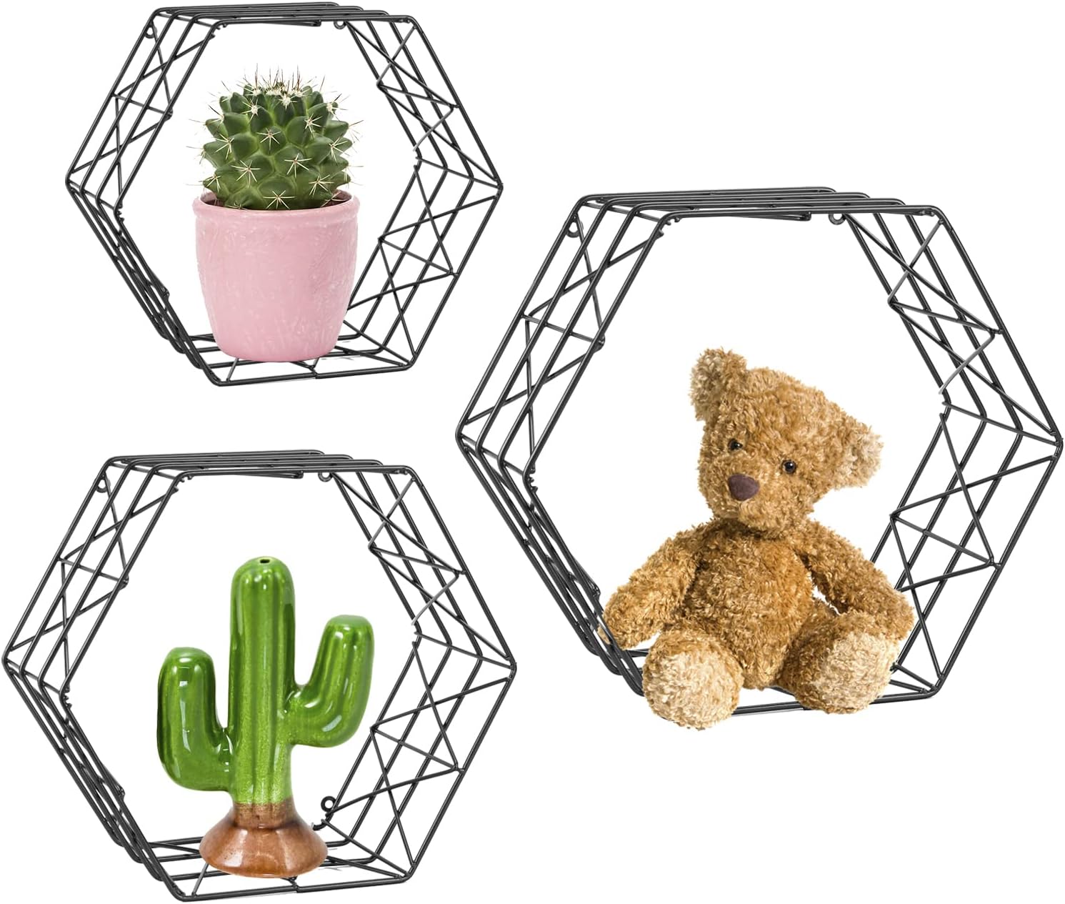 ERYTLLY Hexagon Hanging Floating Shelves, Wall Mounted Metal Farmhouse Storage Honeycomb Decorative Shelf Display Set of 3 - Modern Room Decor for Bathroom, Kitchen, Bedroom (Black)