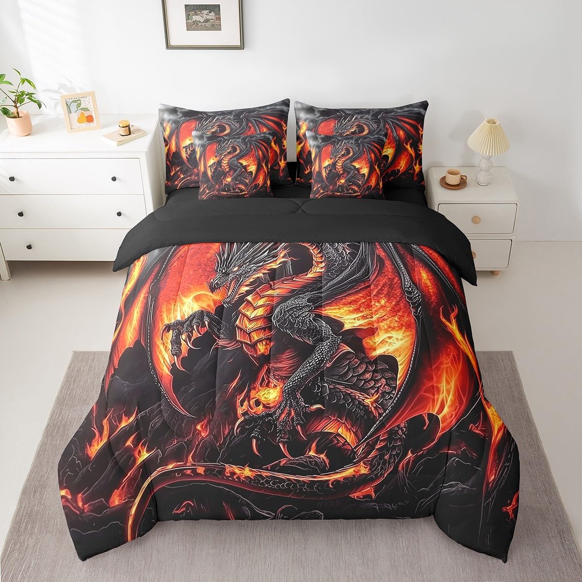 Erosebridal Dragon Queen Size Bed in A Bag, Ancient Animal Comforter Set with Sheets for Adult Men Room, Black Gold Wildlife 7 Pieces Bedding Set, Breathable Room Decor
