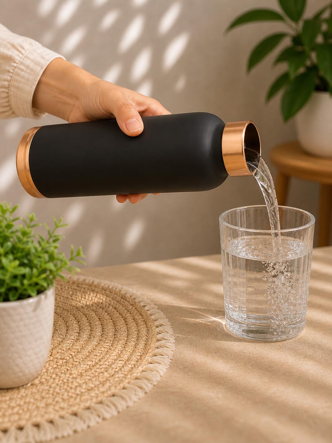 Bouteille d'eau en cuivre pur Fabriquée à la main - Bienfaits ayurvédiques pour la santé - 33 OZ Facile à transporter pour le sport, l'école - Finition mate noir de jais en émail vintage.