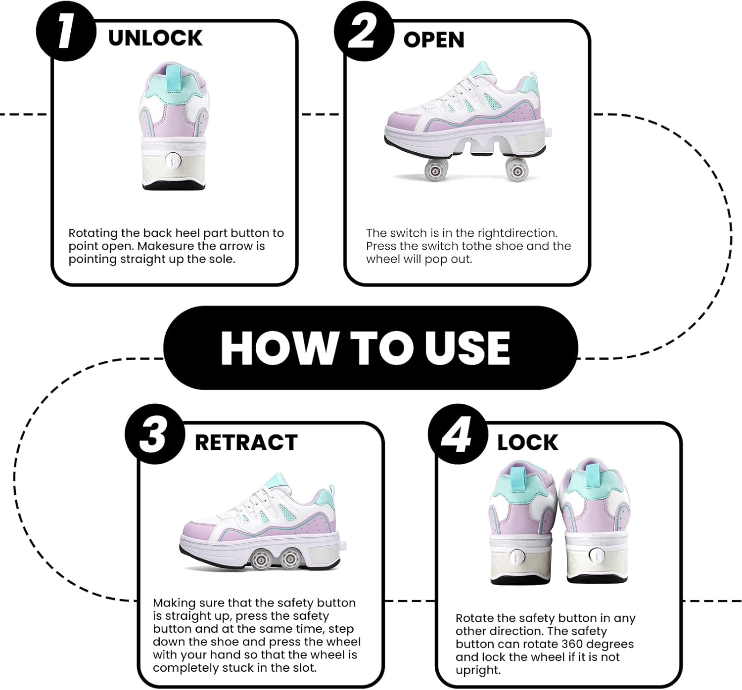 2-in-1 Unisex Roller Skate Shoes with Retractable 4 Wheels - Invisible Deformation & Removable Pulley, Ideal Retractable Roller Shoes for Women for Girls, Boys & Children