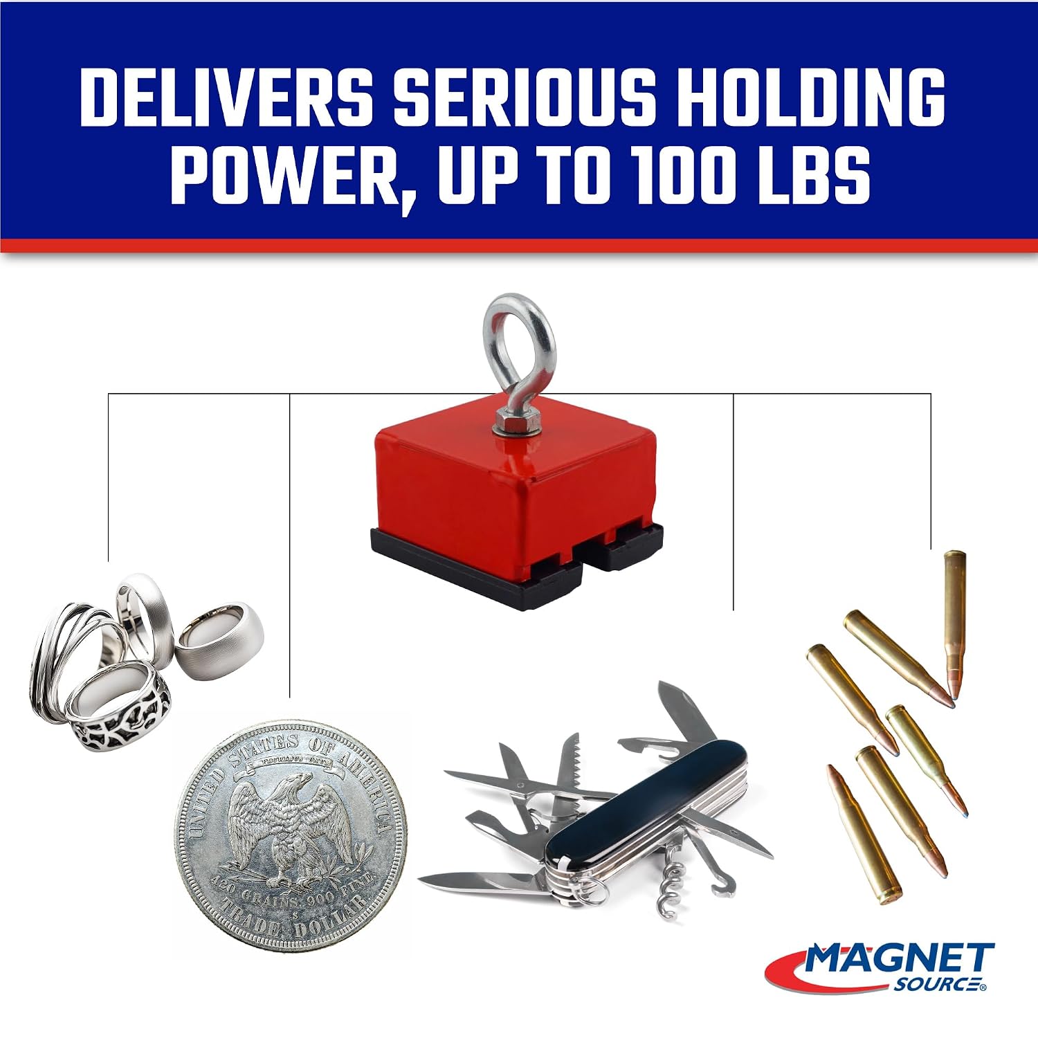 Master Magnetics 07504 Retrieving and Holding Magnet, Durable Plastic, 40 lb, 2.375" Length, 2.375" Width, 0.75" Height with Eyebolt, Nuts and Magnetic Shields, Red/Black