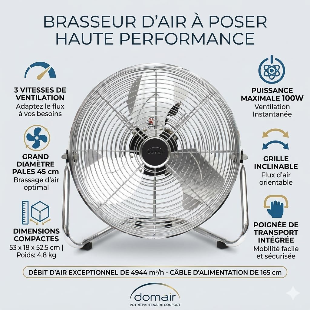 DOMAIR BA45CC – Brasseur d'Air à Poser 100W | Diamètre 45 cm | Débit 4944 m³/h | 3 Vitesses | Grille Inclinable | Châssis Métal | Finition Chromée