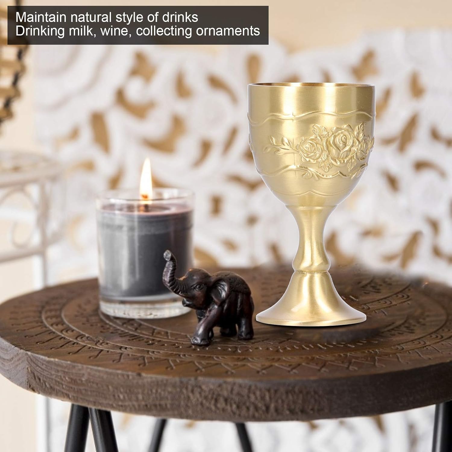 Agatige Brass Goblet Chalice, Vintage Embossed Engraving Flower Pattern Wine Drinking Glasses Wedding Cup Communion Chalice for Home Party Bar Wedding Party Supplies (L)