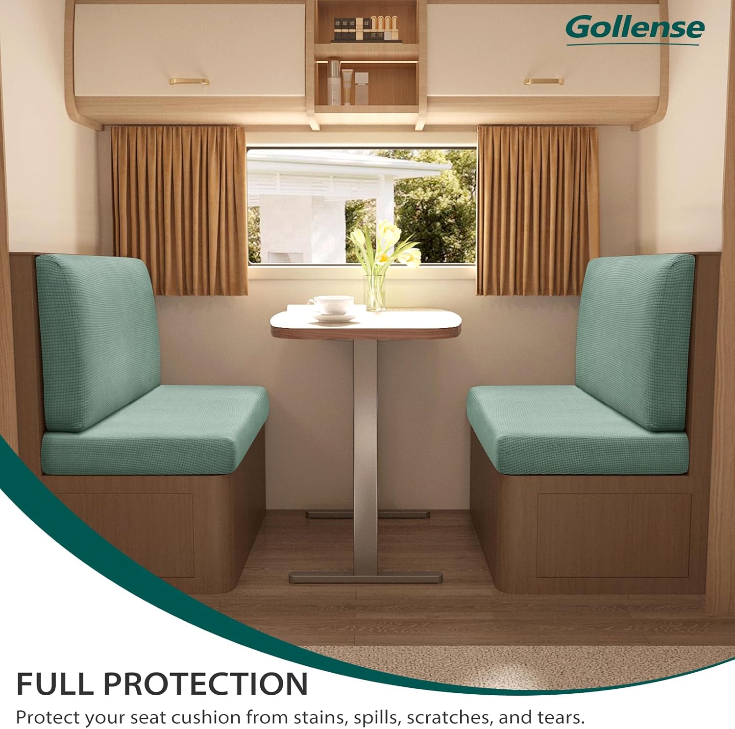 Gollense RV Dinette Cushion Covers Set of 2, Waterproof Stretch Camper Cushion Covers, Sectional Replacement RV Seat Covers for Trailer Couch, Includes 2 Backrest Cover & 2 Bench Cover (Light Green)