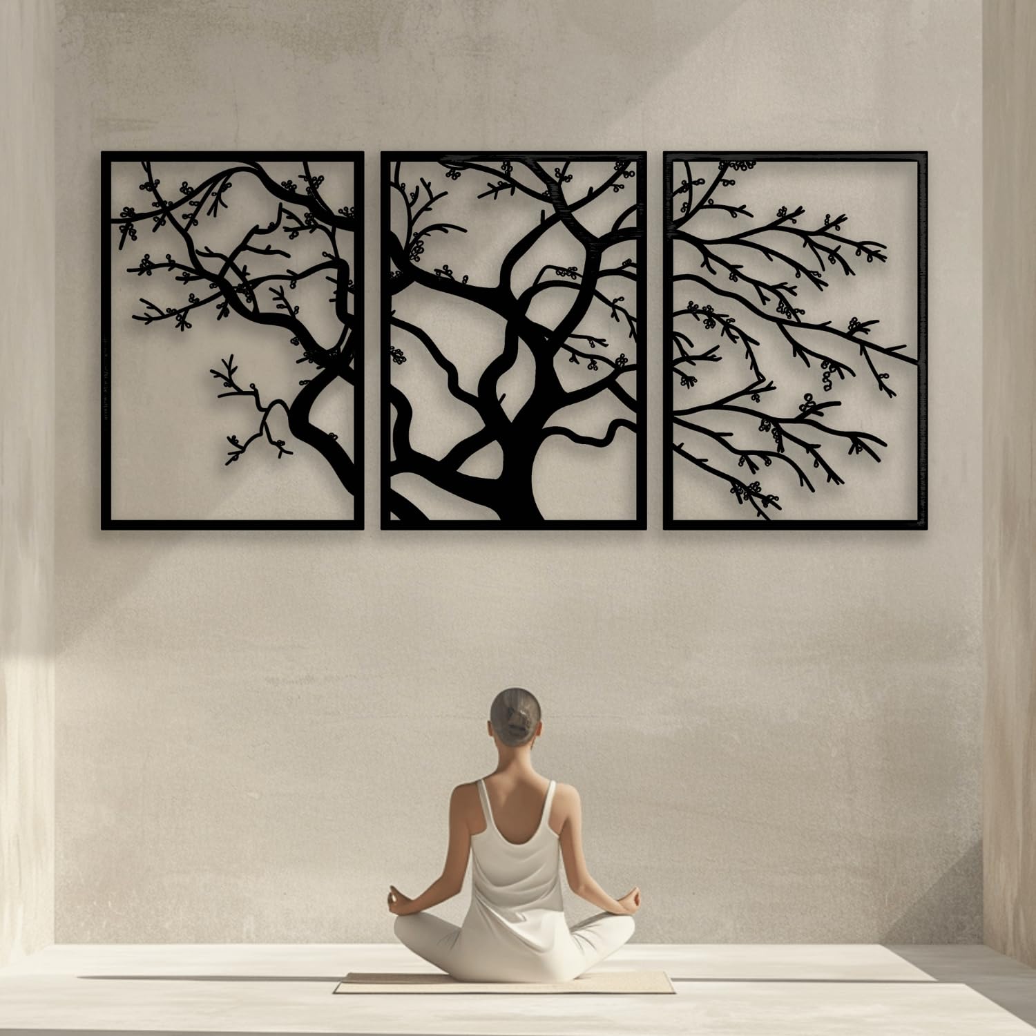 Décoration murale en métal design arbre de vie 3 panneaux pour sublimer votre bureau